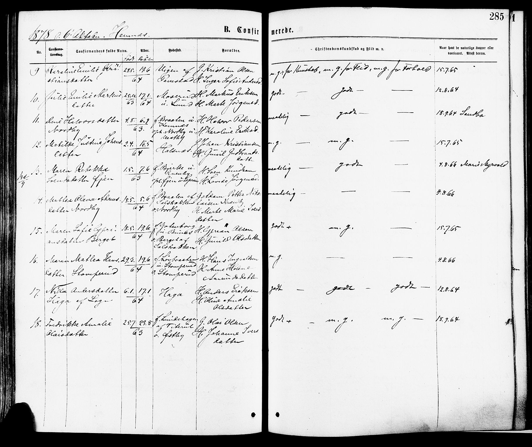 Høland prestekontor Kirkebøker, AV/SAO-A-10346a/F/Fa/L0012.a: Parish register (official) no. I 12A, 1869-1879, p. 285