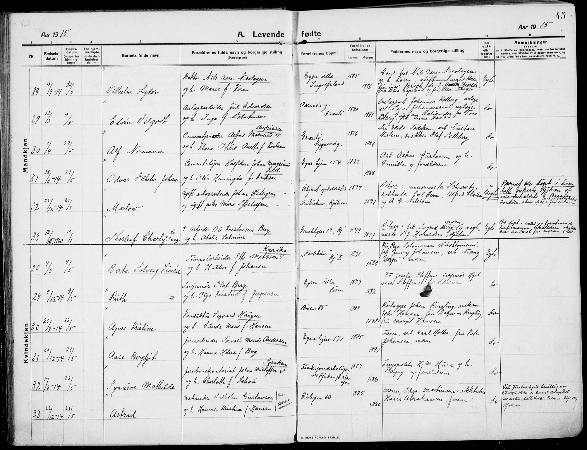 Rjukan kirkebøker, SAKO/A-294/F/Fa/L0002: Parish register (official) no. 2, 1912-1917, p. 45