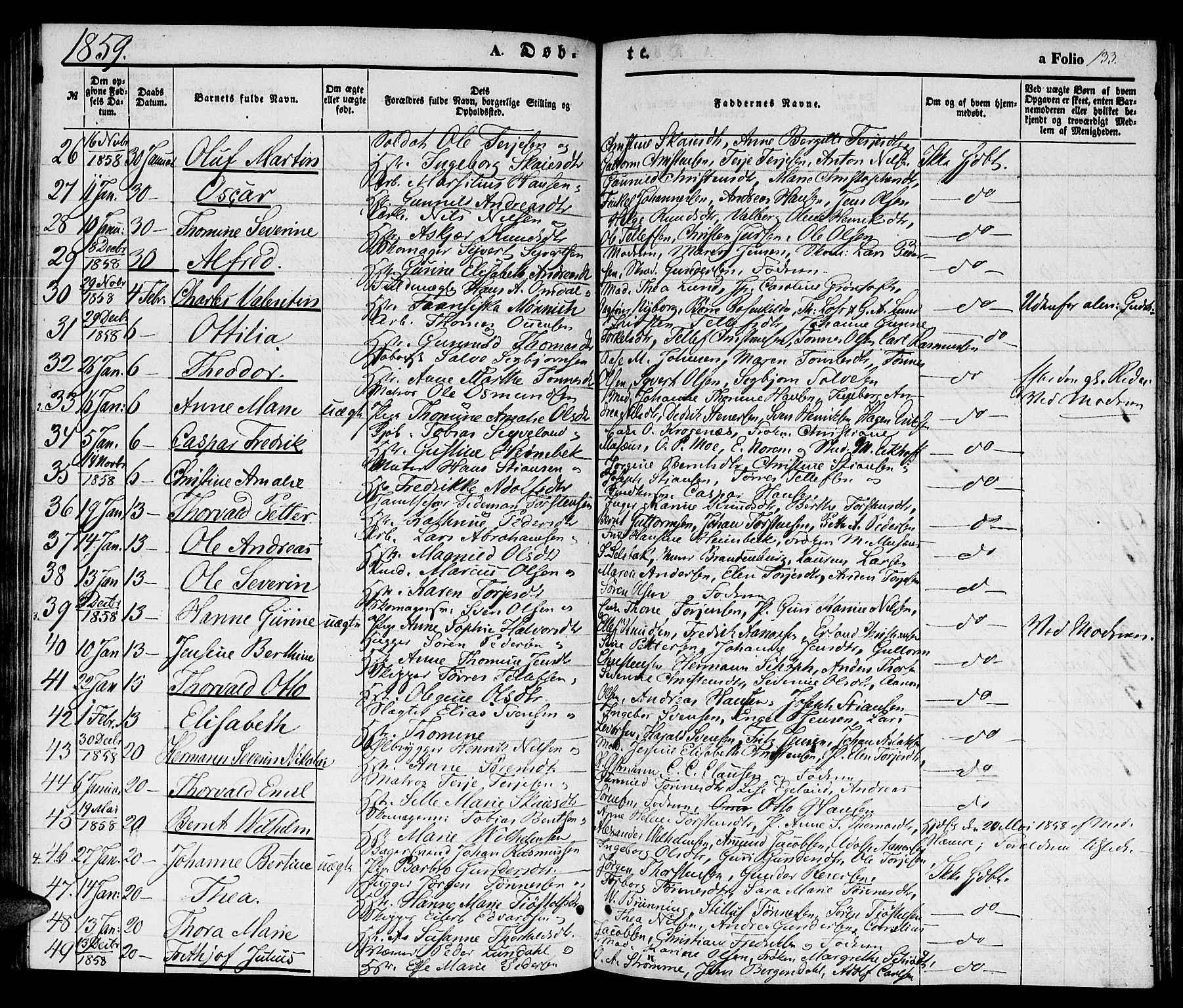 Kristiansand domprosti, SAK/1112-0006/F/Fb/L0011: Parish register (copy) no. B 11, 1851-1861, p. 133