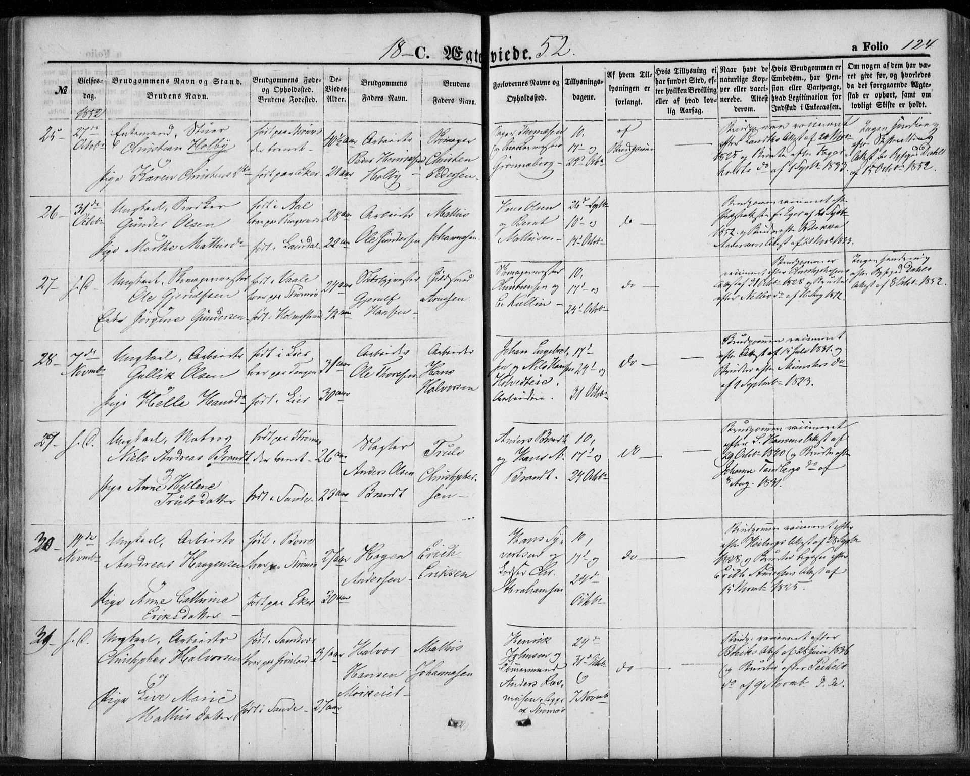 Strømsø kirkebøker, AV/SAKO-A-246/F/Fa/L0017: Parish register (official) no. I 17, 1848-1865, p. 124