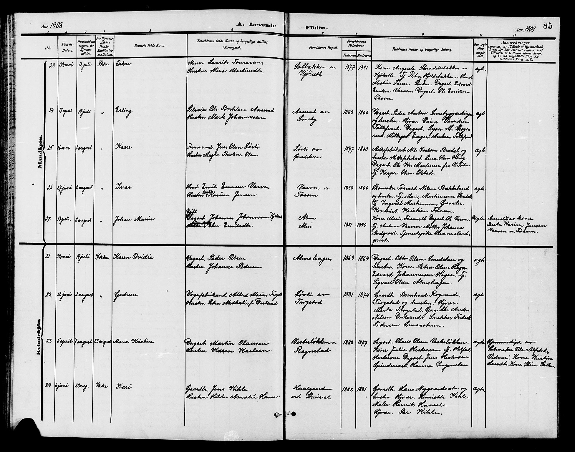 Østre Toten prestekontor, AV/SAH-PREST-104/H/Ha/Hab/L0007: Parish register (copy) no. 7, 1901-1912, p. 85