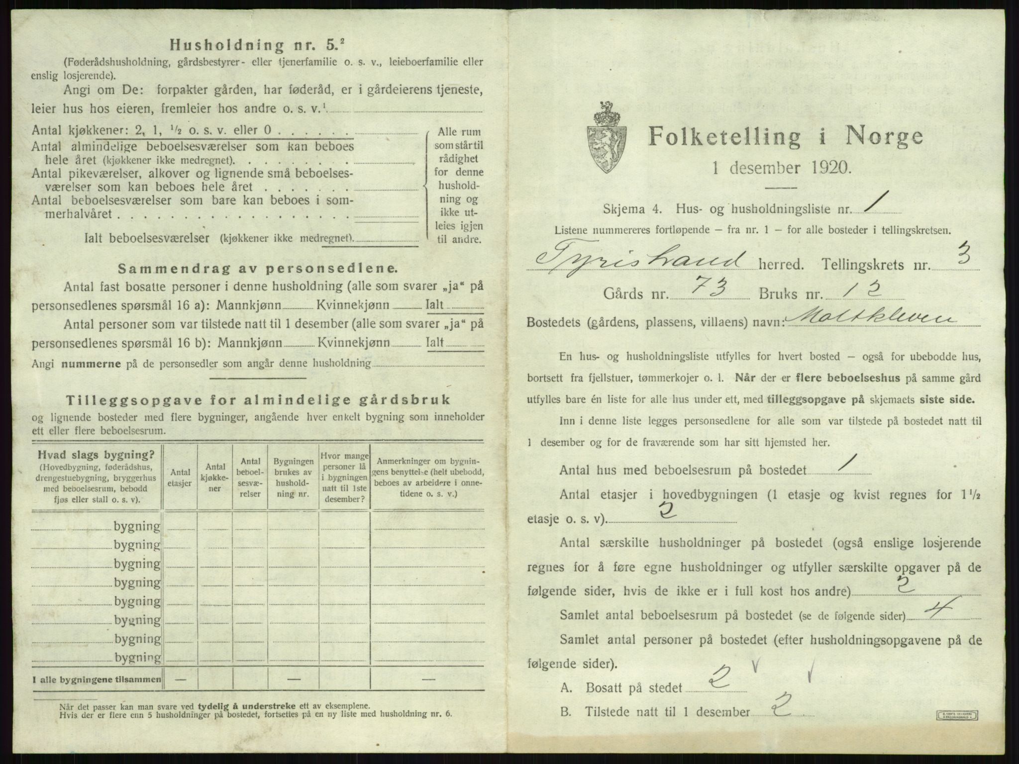 SAKO, 1920 census for Tyristrand, 1920, p. 251