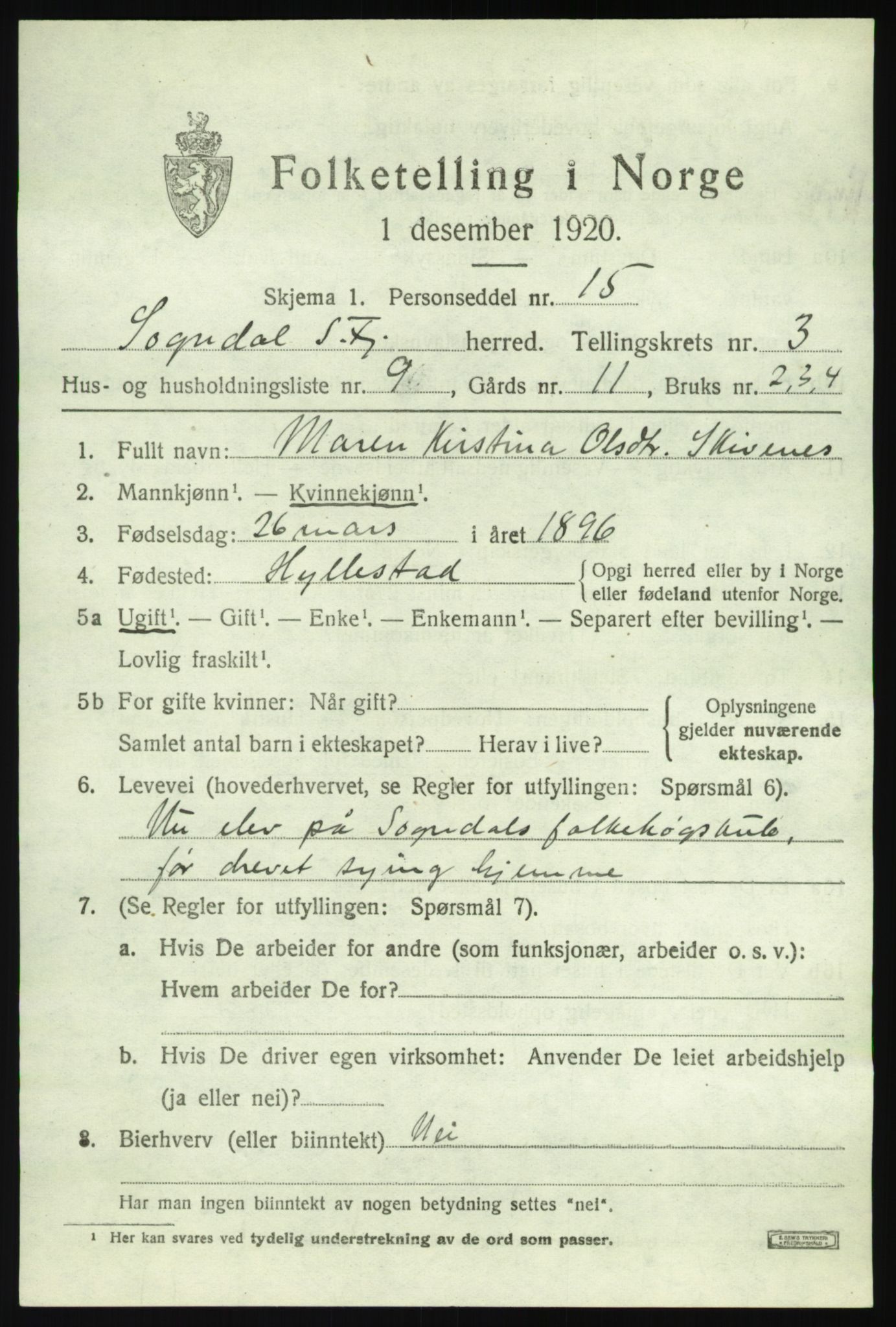 SAB, 1920 census for Sogndal, 1920, p. 2229
