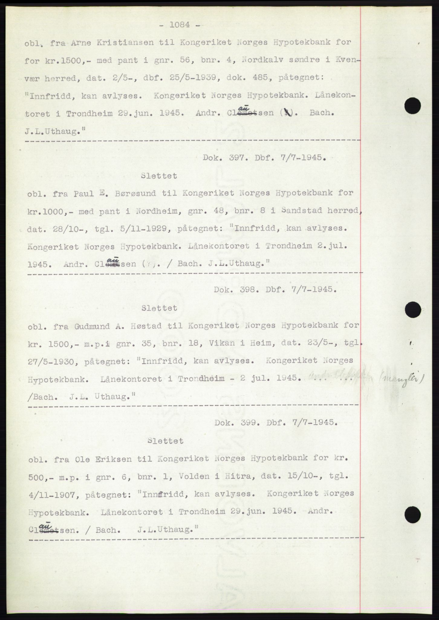 Hitra sorenskriveri, AV/SAT-A-0018/2/2C/2Ca: Mortgage book no. C1, 1936-1945, Diary no: : 397/1945