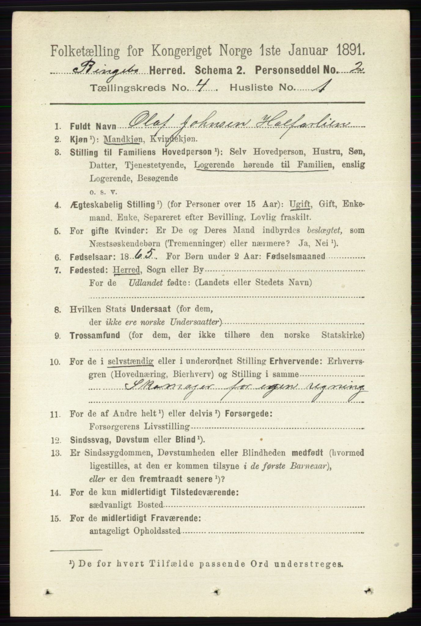 RA, 1891 census for 0520 Ringebu, 1891, p. 1366