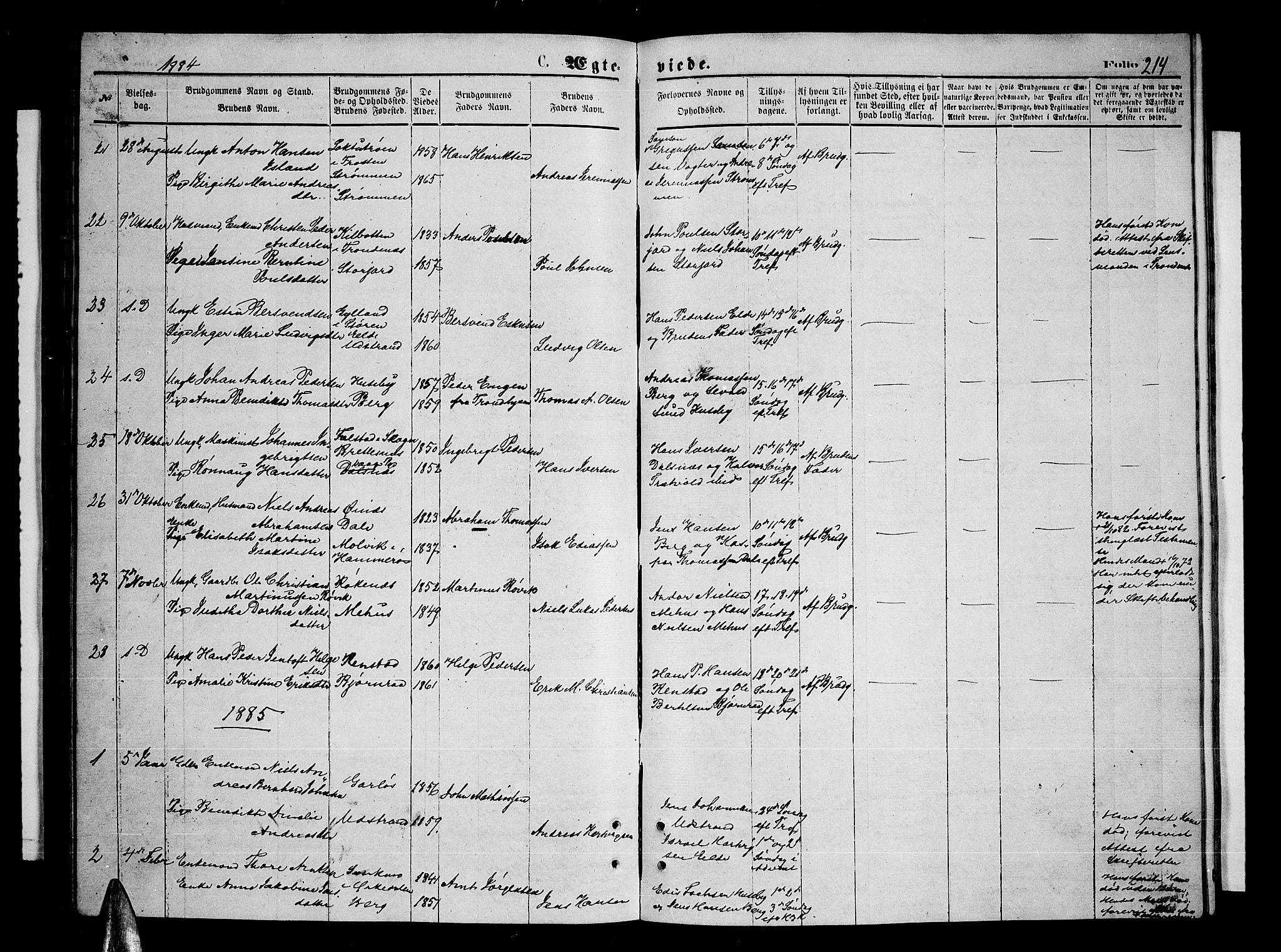 Kvæfjord sokneprestkontor, AV/SATØ-S-1323/G/Ga/Gab/L0004klokker: Parish register (copy) no. 4, 1870-1886, p. 214