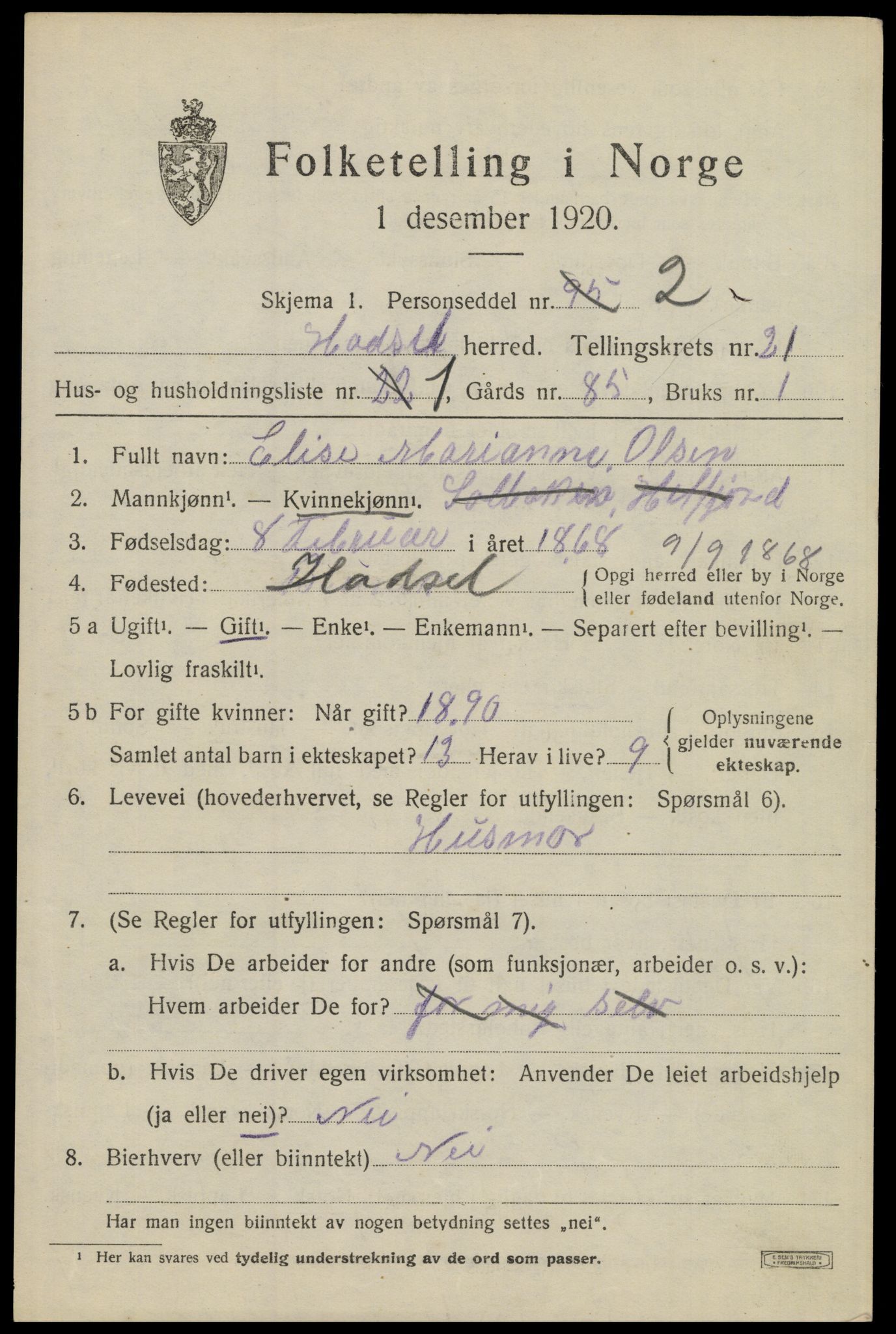 SAT, 1920 census for Hadsel, 1920, p. 19454