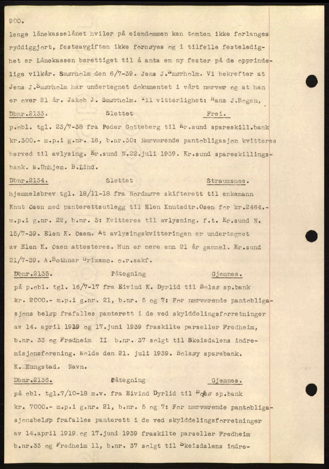 Nordmøre sorenskriveri, AV/SAT-A-4132/1/2/2Ca: Mortgage book no. C80, 1936-1939, Diary no: : 2133/1939