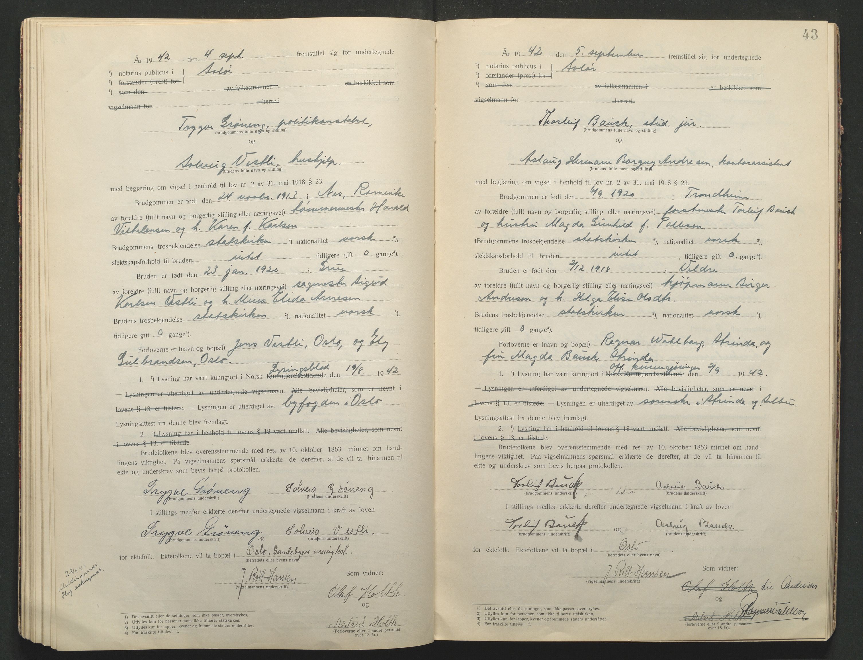 Solør tingrett, AV/SAH-TING-008/L/Lb/L0001: Vigselprotokoll, 1920-1943, p. 43