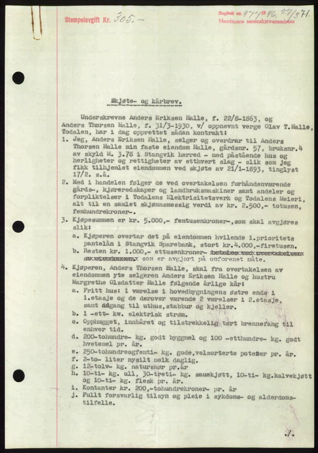 Nordmøre sorenskriveri, AV/SAT-A-4132/1/2/2Ca: Mortgage book no. A101, 1946-1946, Diary no: : 477/1946