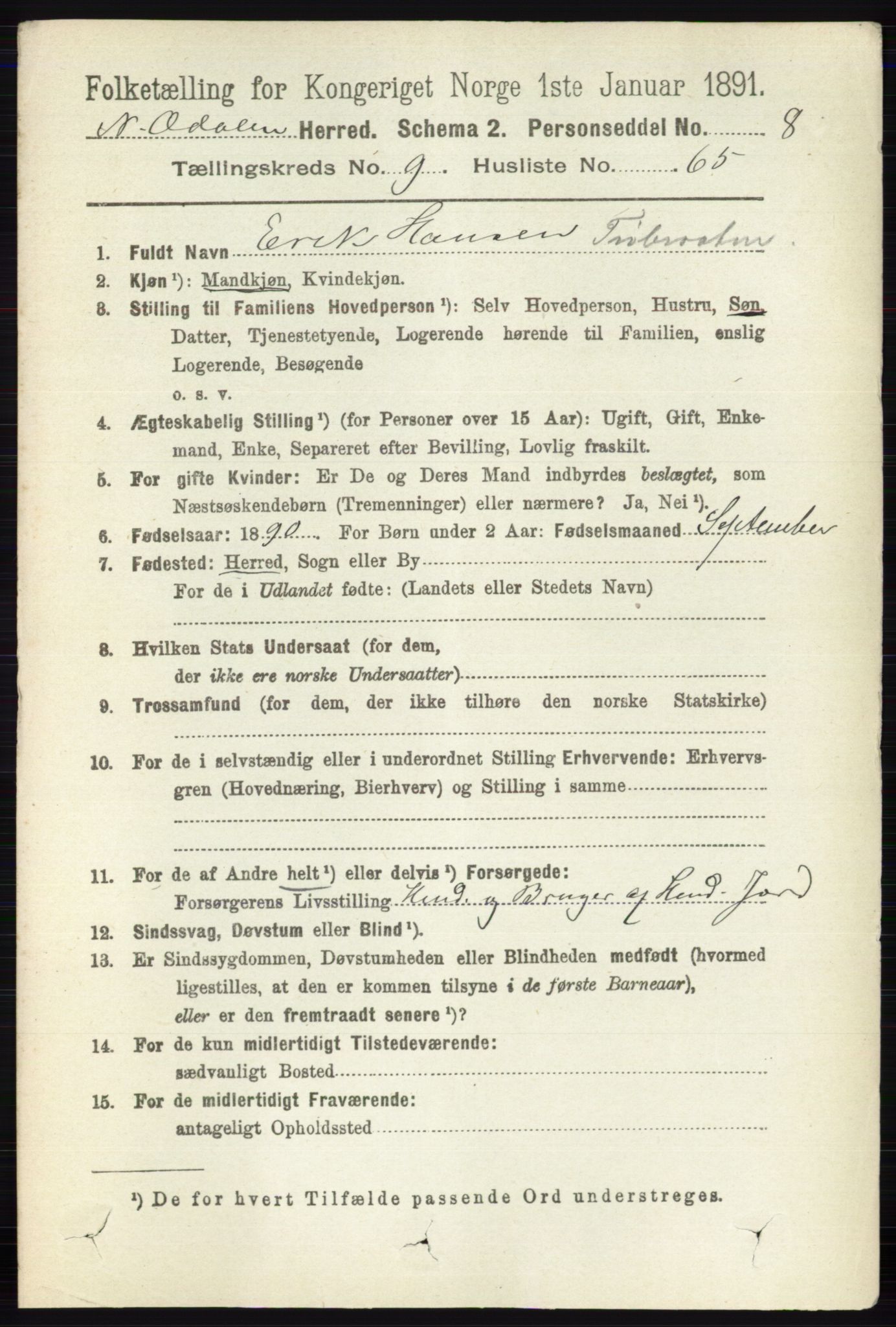 RA, 1891 census for 0418 Nord-Odal, 1891, p. 4424