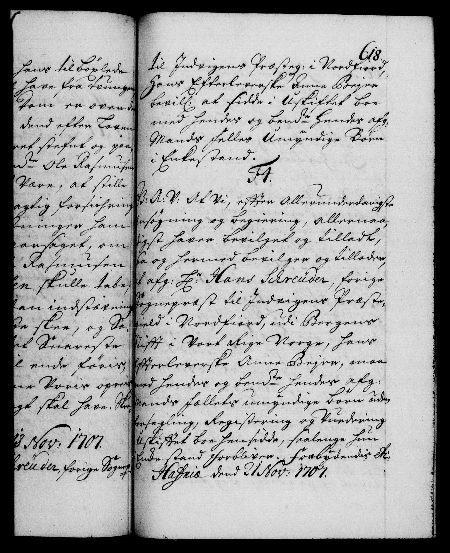 Danske Kanselli 1572-1799, AV/RA-EA-3023/F/Fc/Fca/Fcaa/L0019: Norske registre, 1704-1707, p. 618a