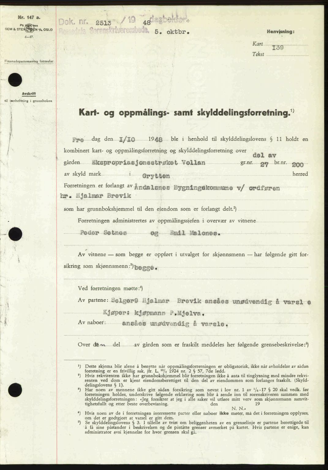 Romsdal sorenskriveri, AV/SAT-A-4149/1/2/2C: Mortgage book no. A27, 1948-1948, Diary no: : 2513/1948