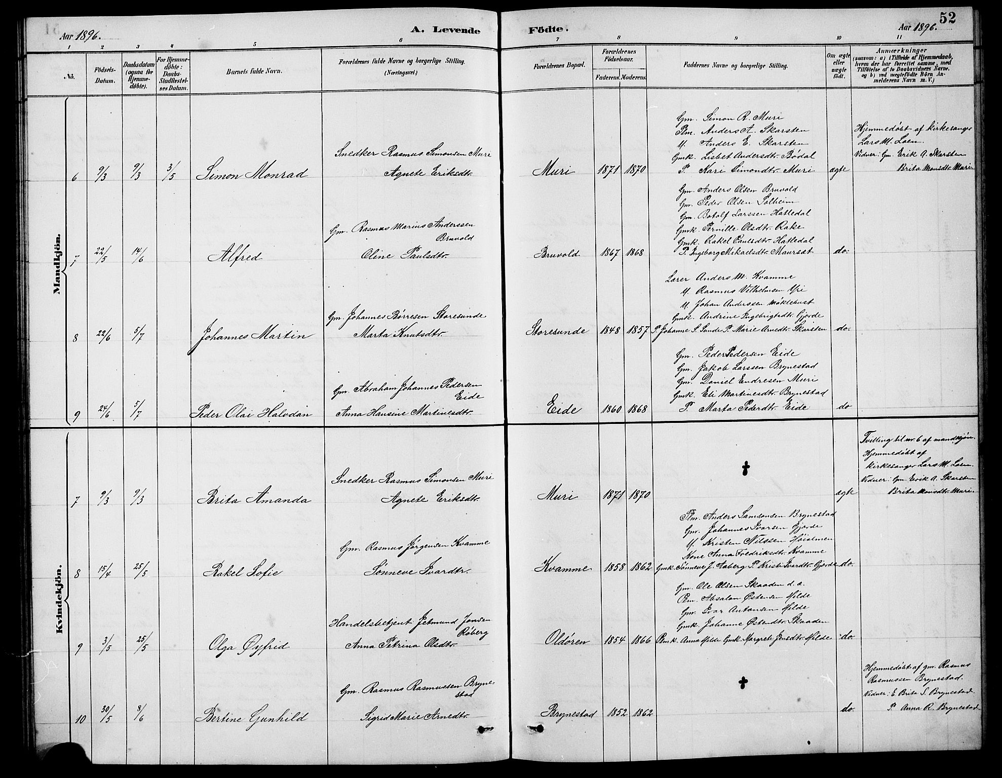 Innvik sokneprestembete, SAB/A-80501: Parish register (copy) no. B 3, 1886-1897, p. 52