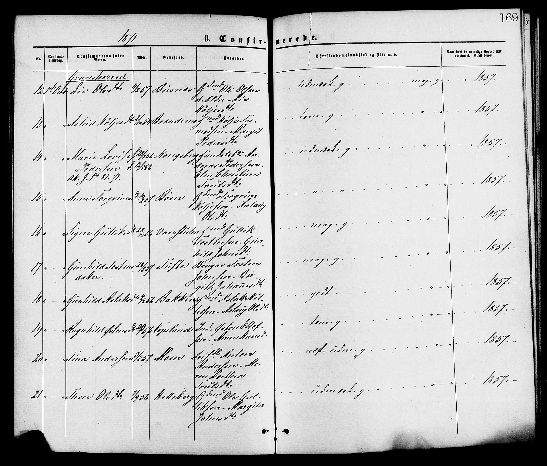 Gransherad kirkebøker, SAKO/A-267/F/Fa/L0004: Parish register (official) no. I 4, 1871-1886, p. 169