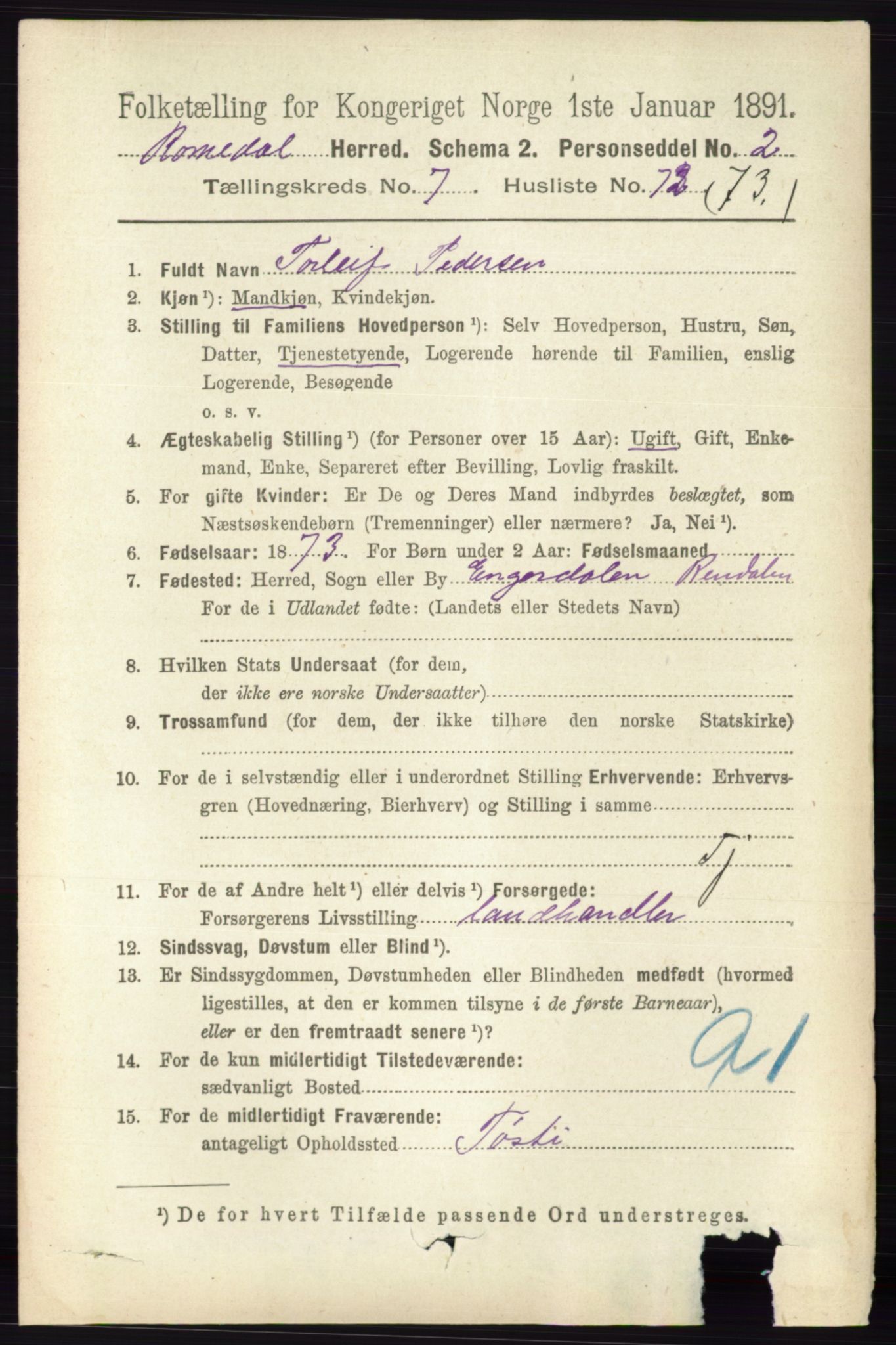 RA, 1891 census for 0416 Romedal, 1891, p. 3906