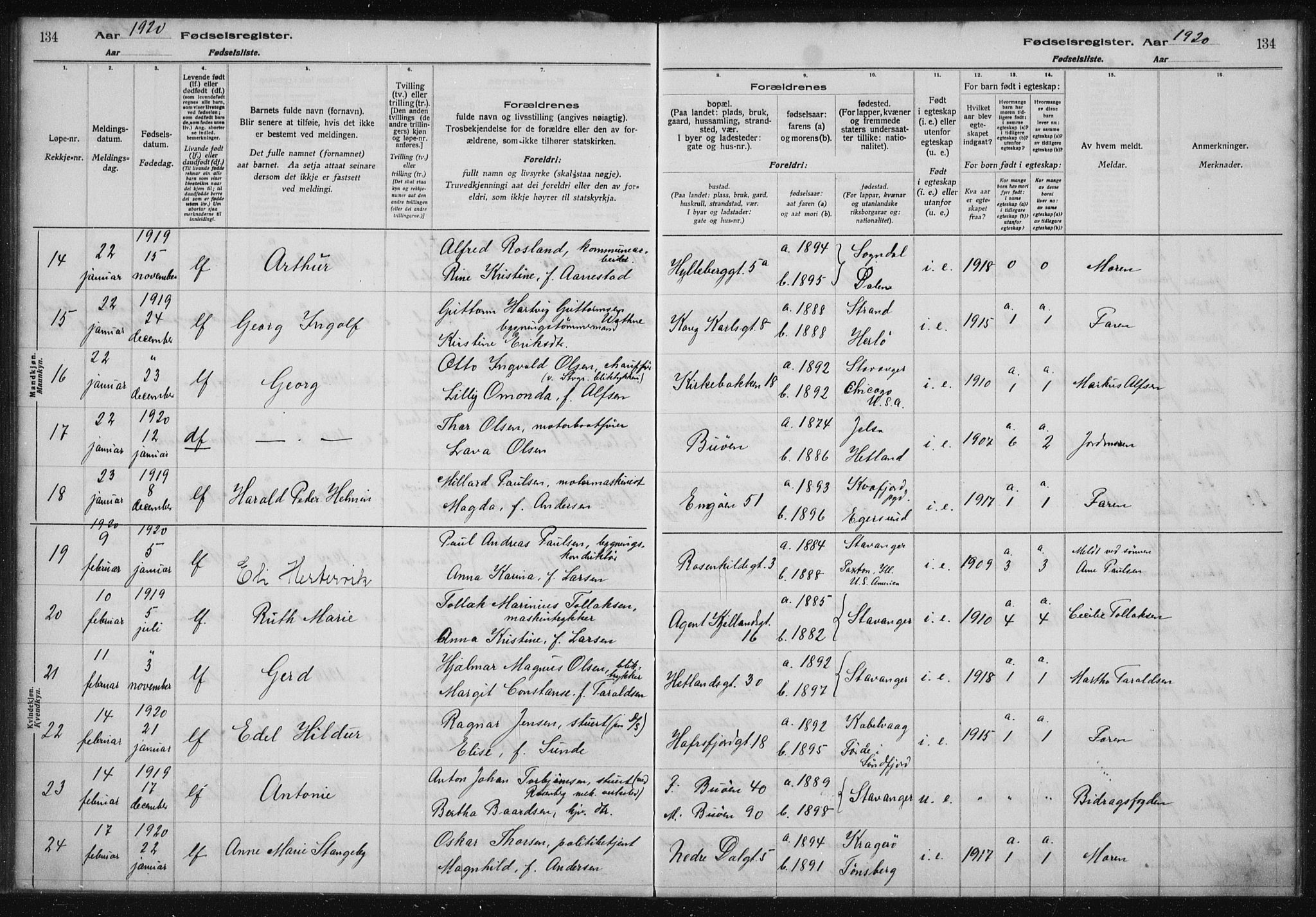 St. Petri sokneprestkontor, AV/SAST-A-101813/002/A/L0001: Birth register no. 1, 1916-1922, p. 134