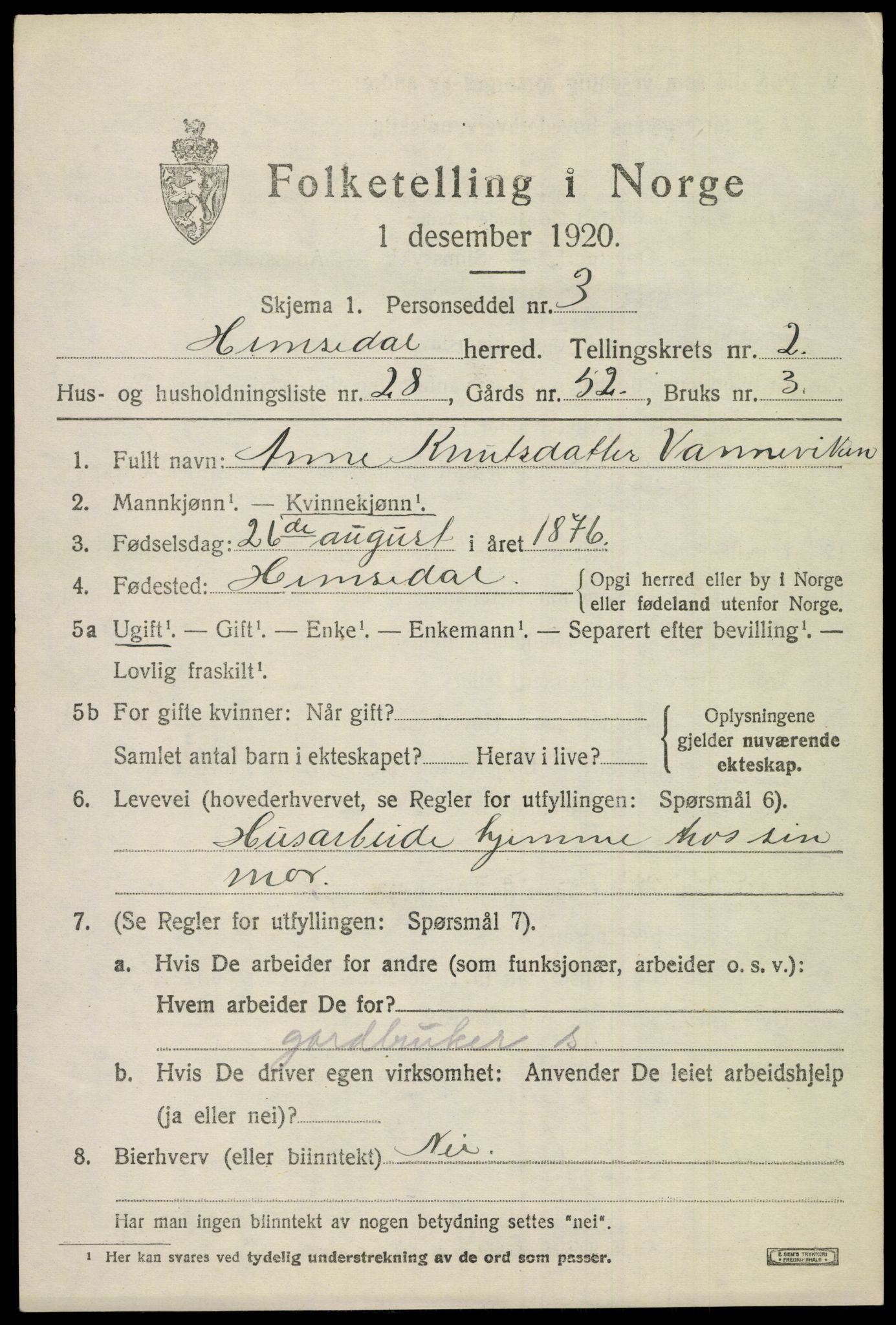 SAKO, 1920 census for Hemsedal, 1920, p. 984