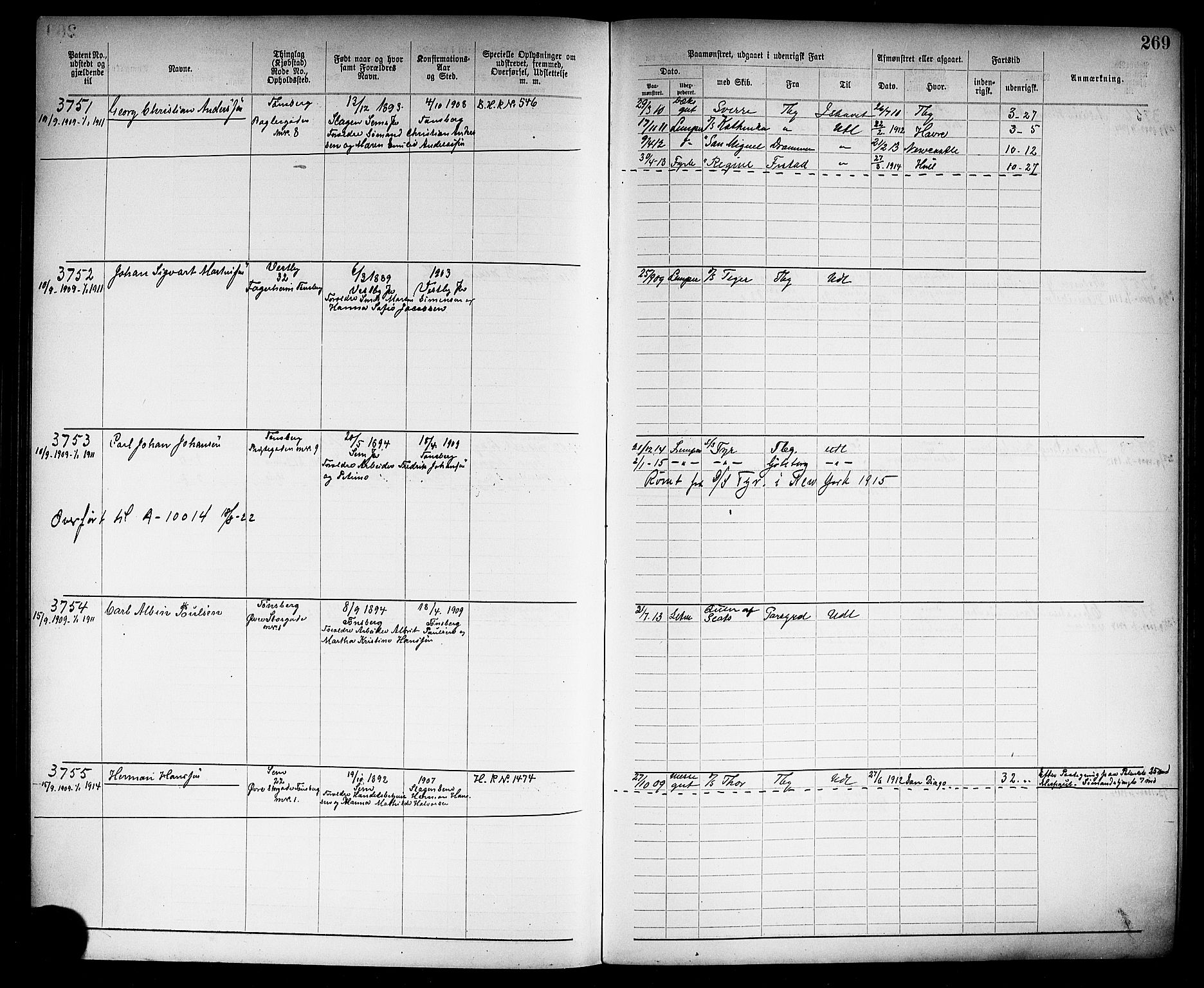 Tønsberg innrulleringskontor, AV/SAKO-A-786/F/Fb/L0009: Annotasjonsrulle Patent nr. 2406-4085, 1904-1910, p. 272