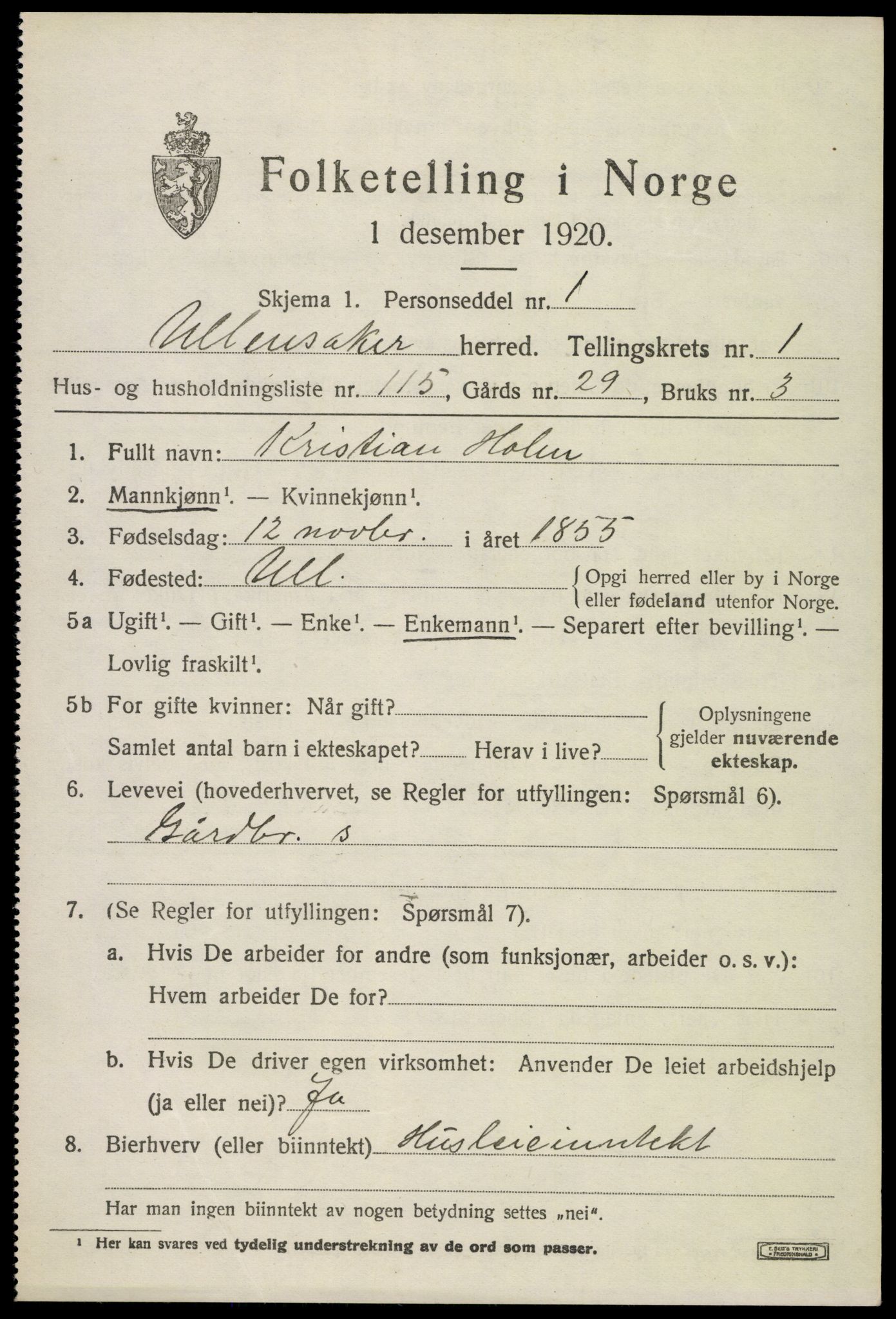 SAO, 1920 census for Ullensaker, 1920, p. 3911