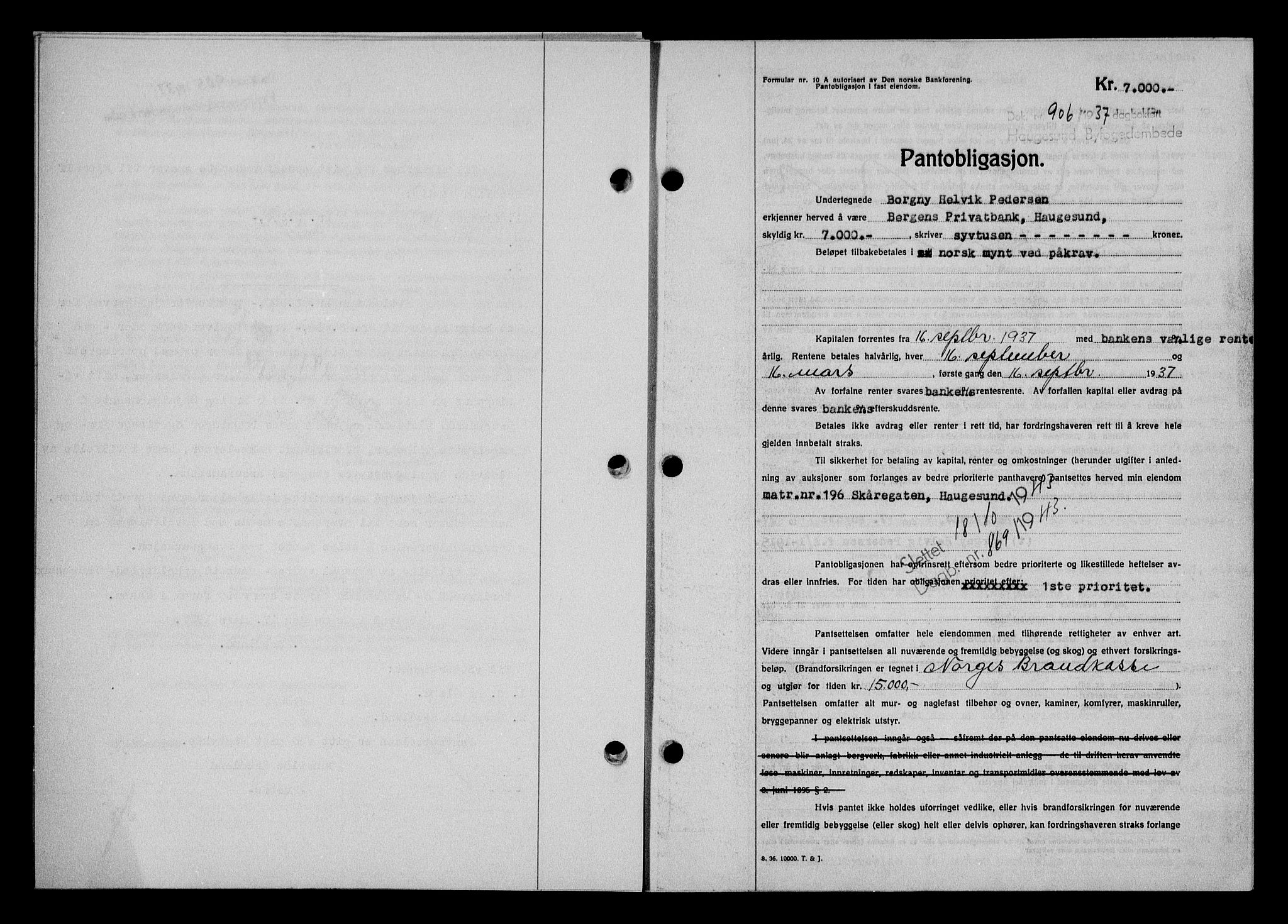 Haugesund tingrett, AV/SAST-A-101415/01/II/IIC/L0031: Mortgage book no. 31, 1936-1938, Diary no: : 906/1937