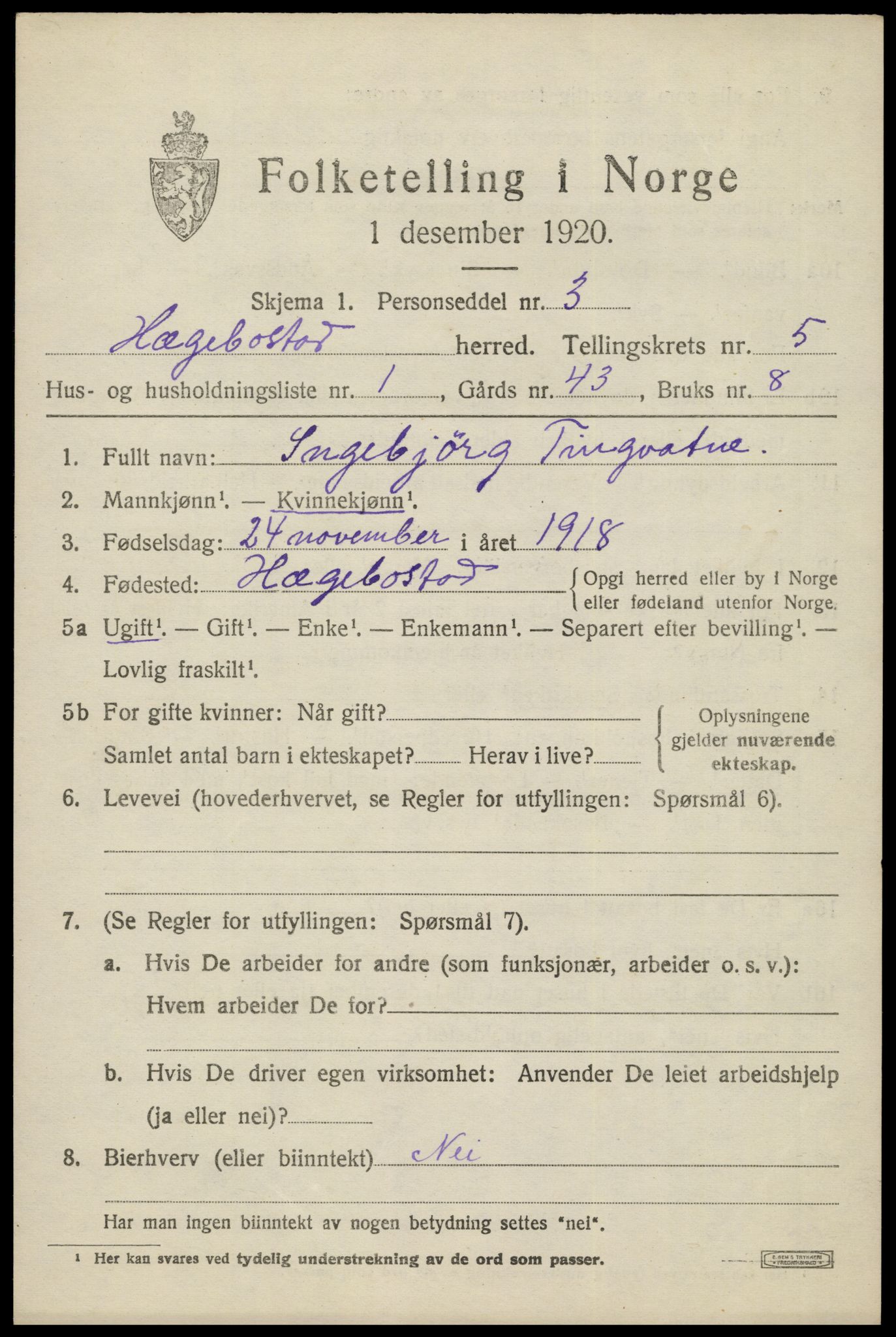 SAK, 1920 census for Hægebostad, 1920, p. 1847