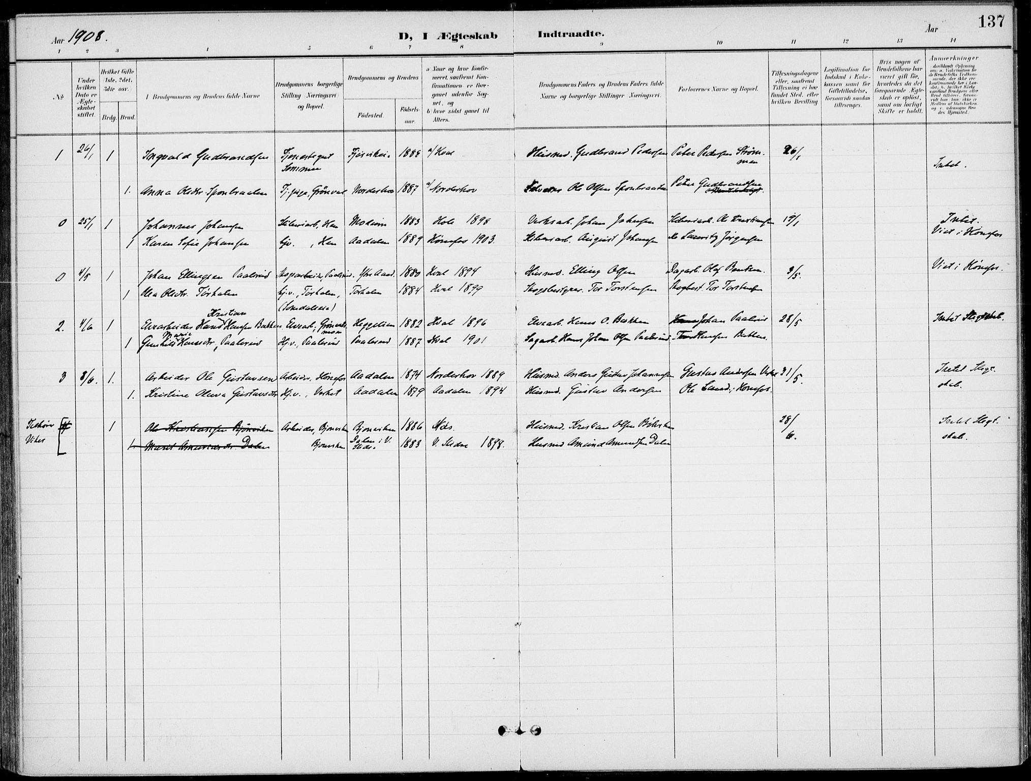 Ådal kirkebøker, AV/SAKO-A-248/F/Fb/L0002: Parish register (official) no. II 2, 1898-1917, p. 137