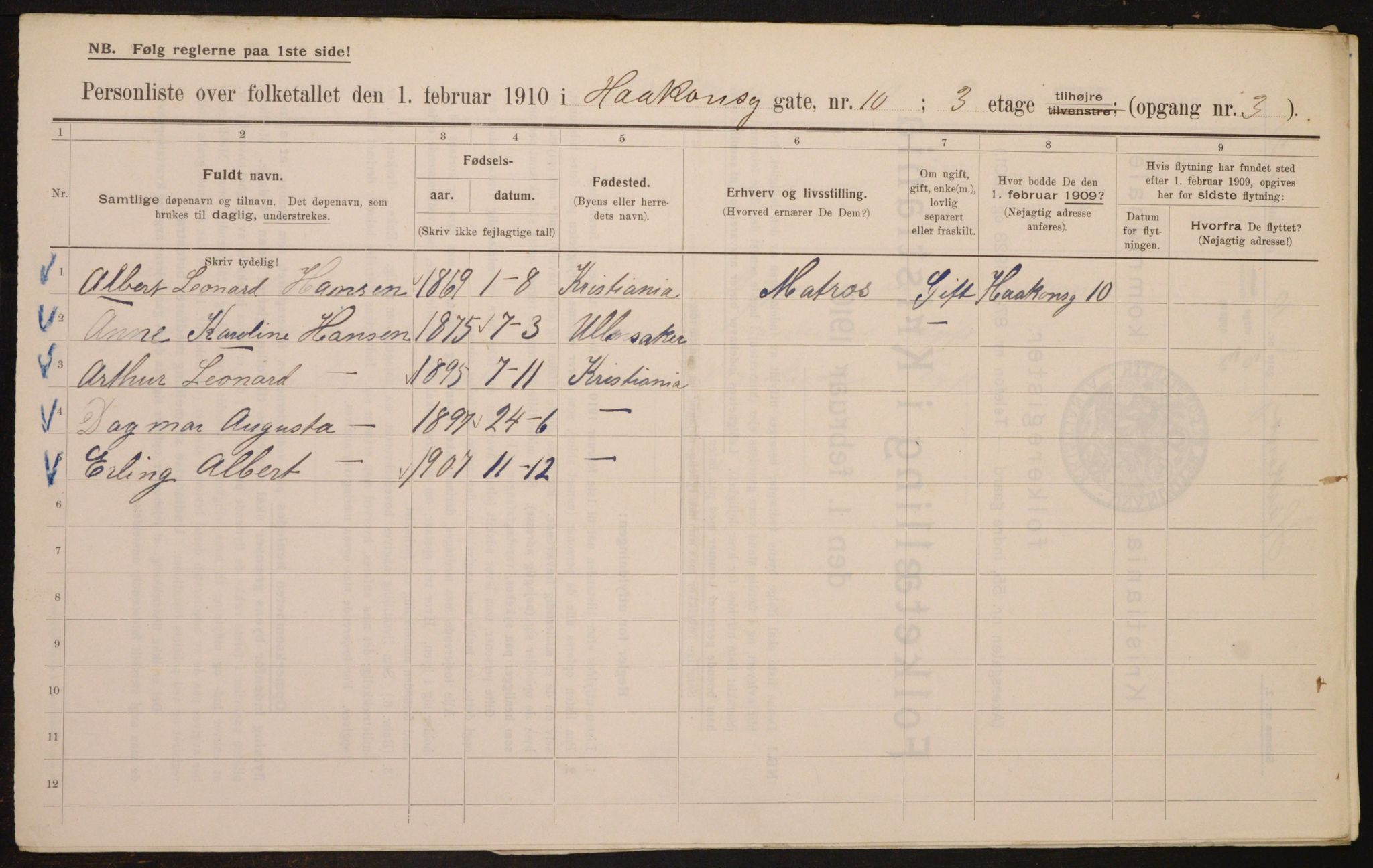 OBA, Municipal Census 1910 for Kristiania, 1910, p. 41845