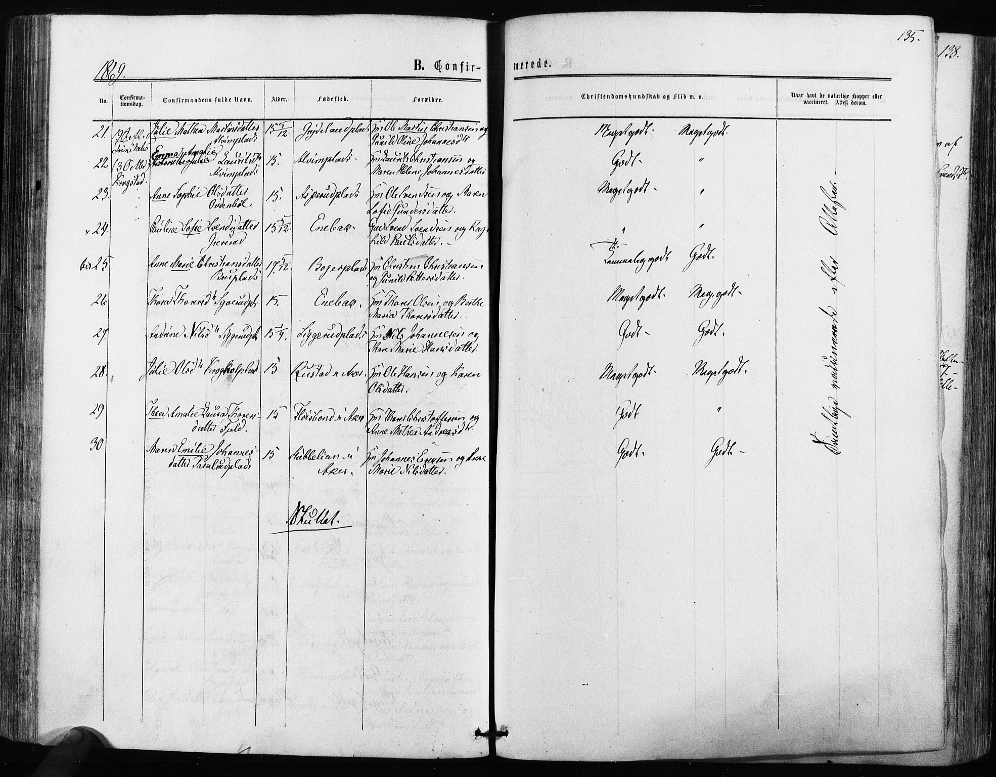 Kråkstad prestekontor Kirkebøker, SAO/A-10125a/F/Fa/L0007: Parish register (official) no. I 7, 1858-1870, p. 135