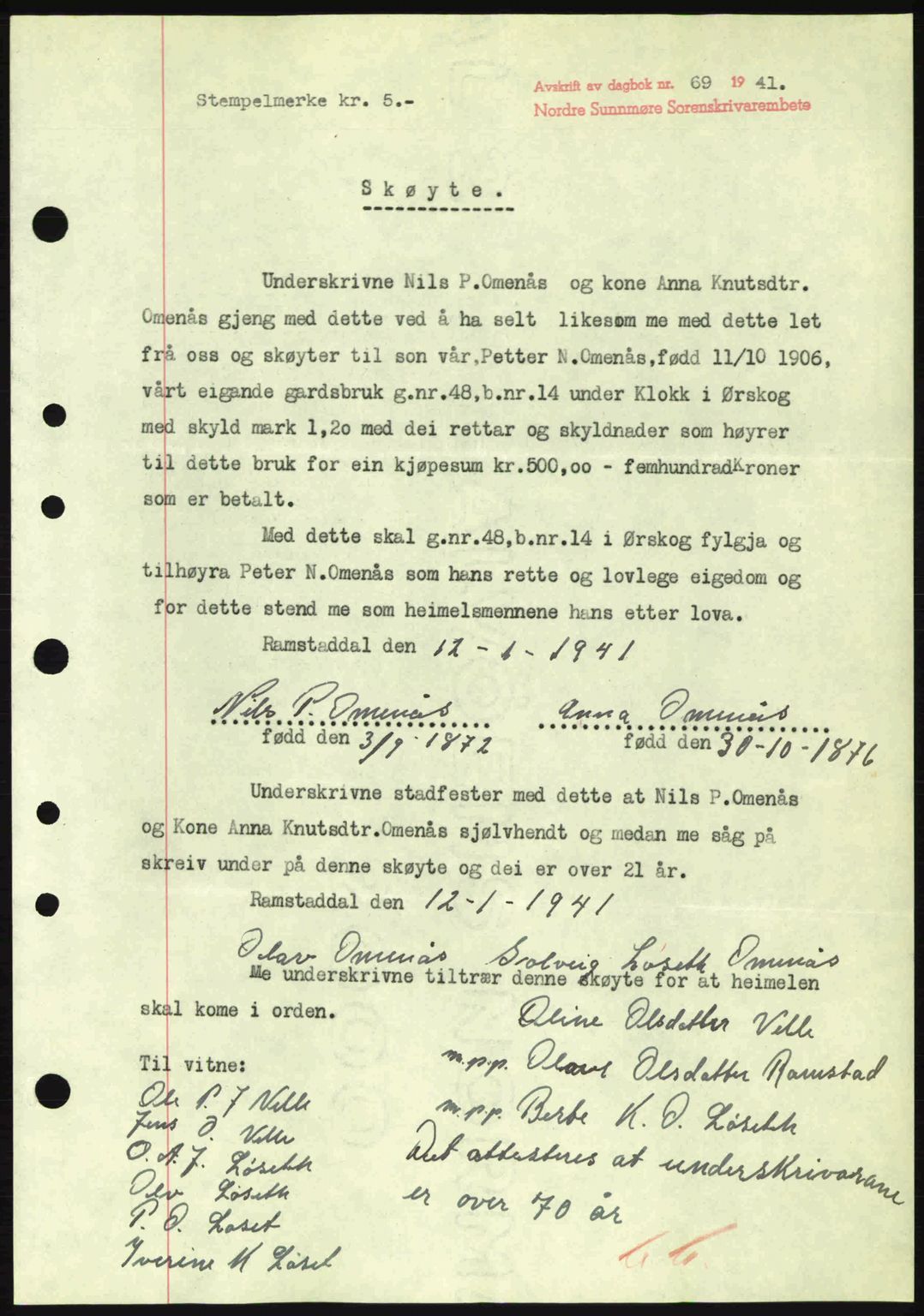 Nordre Sunnmøre sorenskriveri, AV/SAT-A-0006/1/2/2C/2Ca: Mortgage book no. A10, 1940-1941, Diary no: : 69/1941