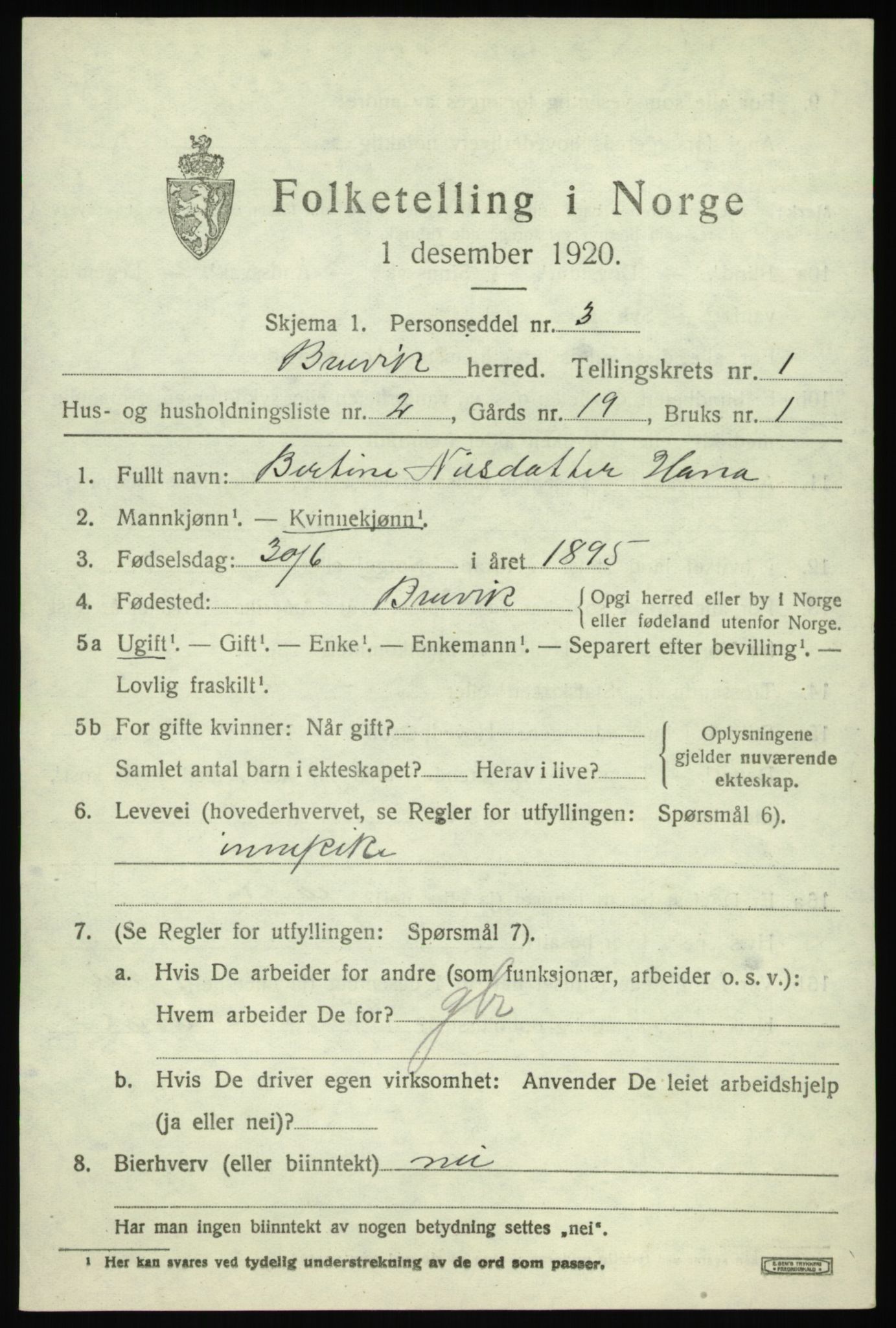 SAB, 1920 census for Bruvik, 1920, p. 1110