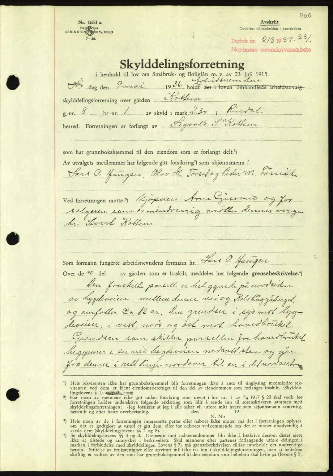 Nordmøre sorenskriveri, AV/SAT-A-4132/1/2/2Ca: Mortgage book no. A80, 1936-1937, Diary no: : 213/1937