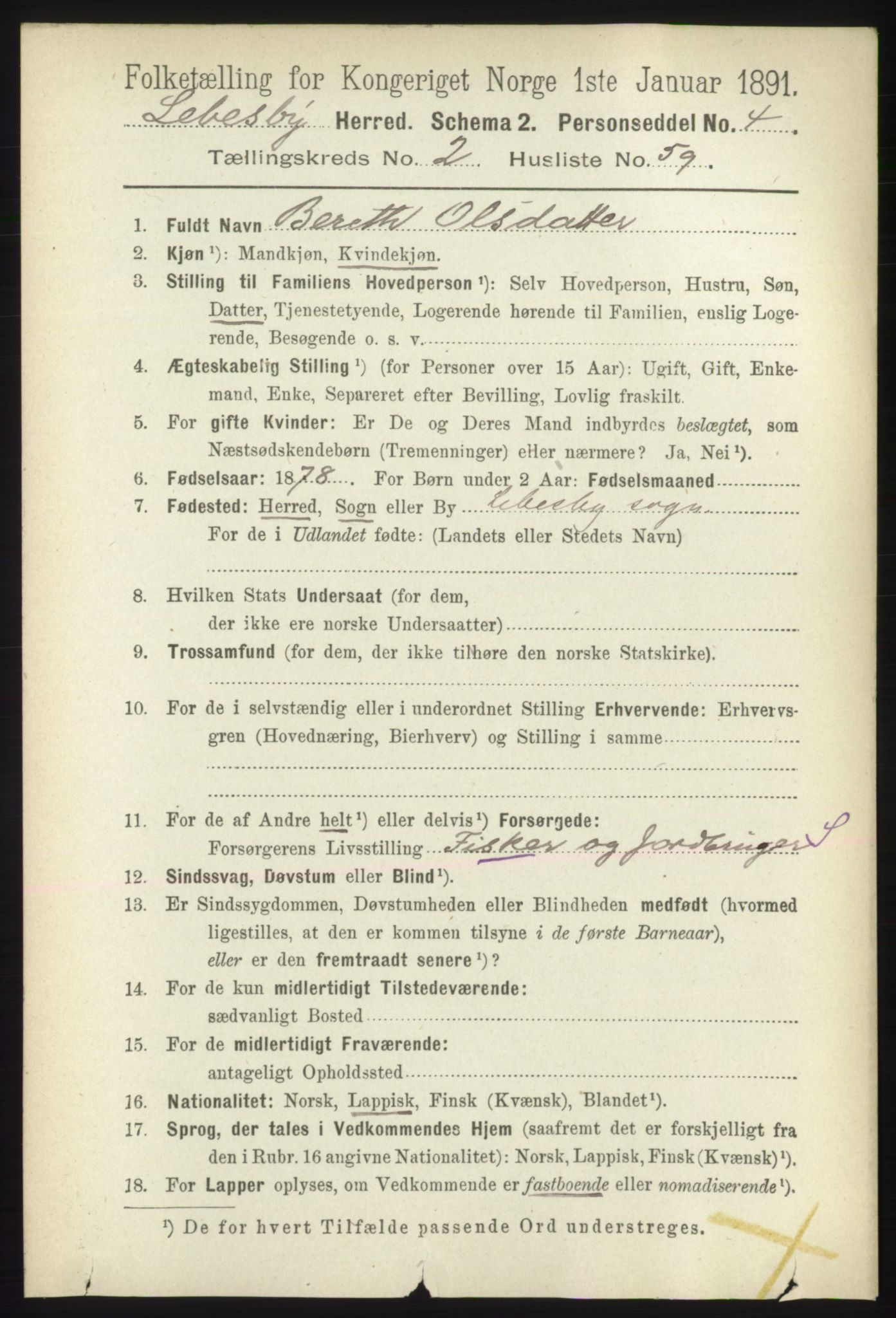 RA, 1891 census for 2022 Lebesby, 1891, p. 673