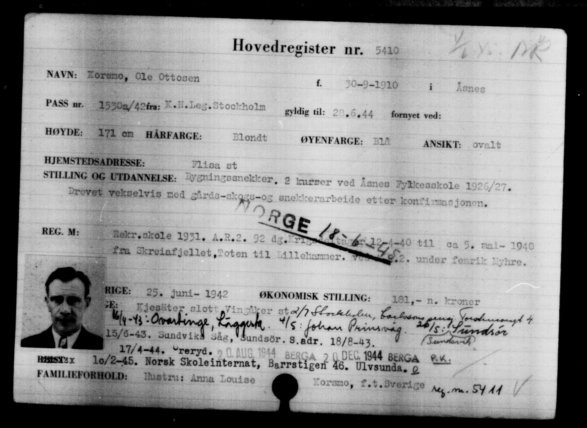 Utenriksstasjonene, Legasjonen i Stockholm, Flyktningkontoret, AV/RA-S-6753/V/Va/L0004: Kjesäterkartoteket, flyktninger med registreringsnr. 3496-6610, 1940-1945, p. 2209