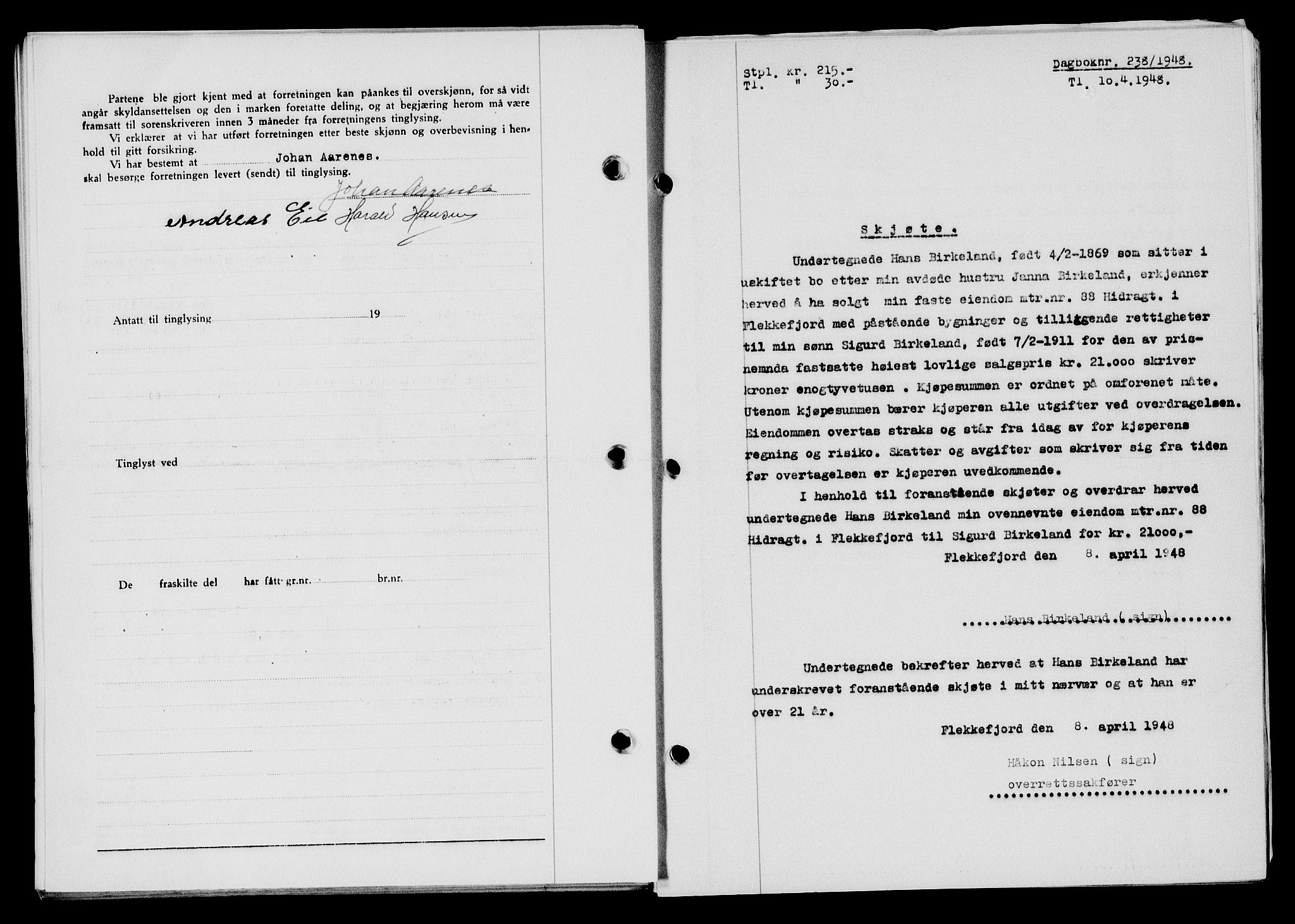 Flekkefjord sorenskriveri, AV/SAK-1221-0001/G/Gb/Gba/L0063: Mortgage book no. A-11, 1947-1948, Diary no: : 238/1948