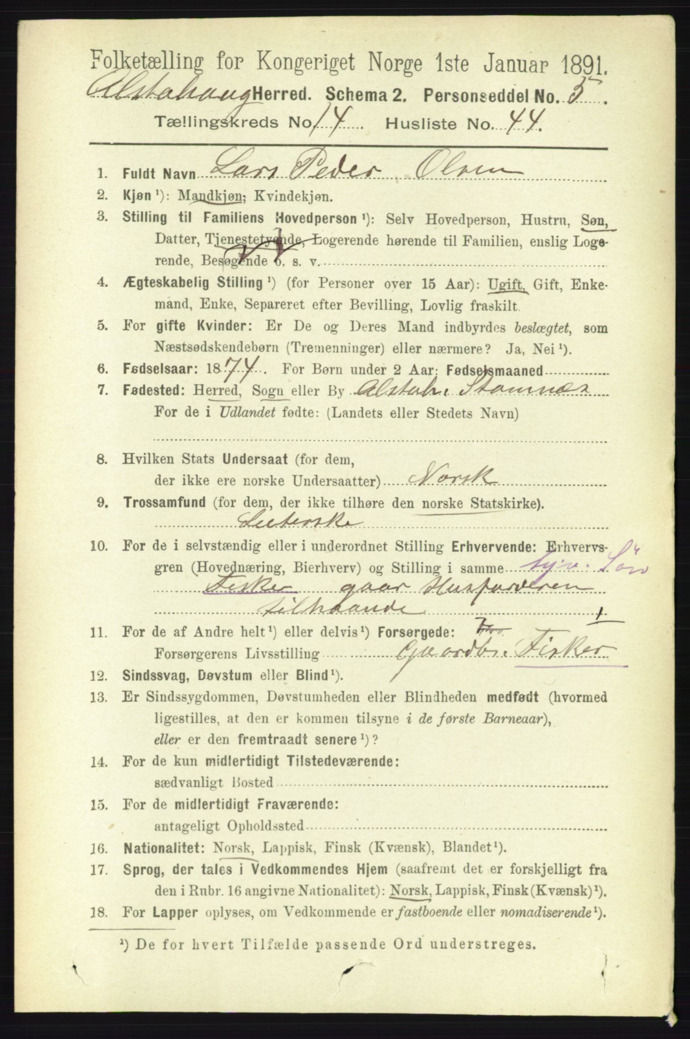 RA, 1891 census for 1820 Alstahaug, 1891, p. 5245