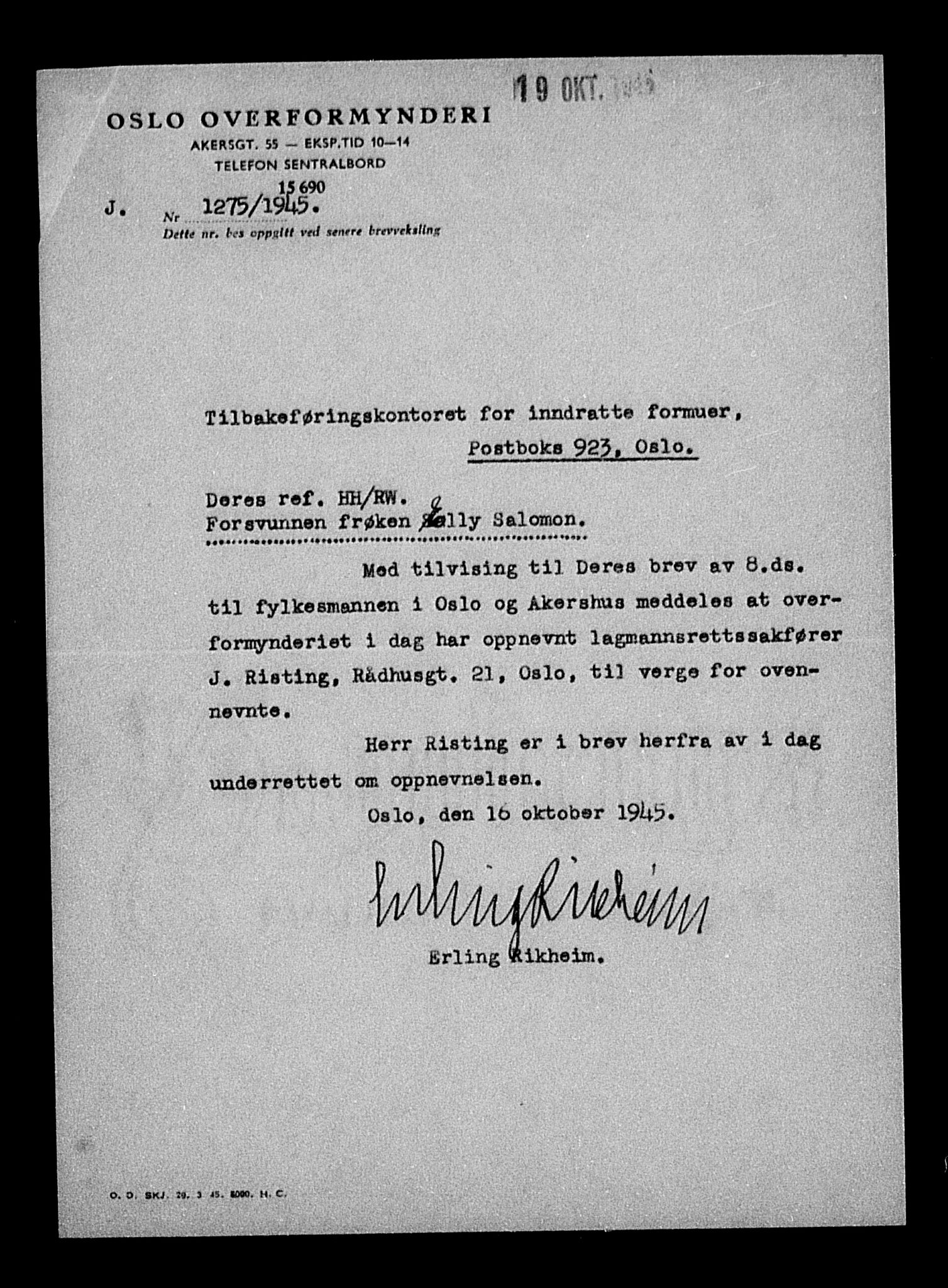 Justisdepartementet, Tilbakeføringskontoret for inndratte formuer, AV/RA-S-1564/H/Hc/Hcc/L0976: --, 1945-1947, p. 14