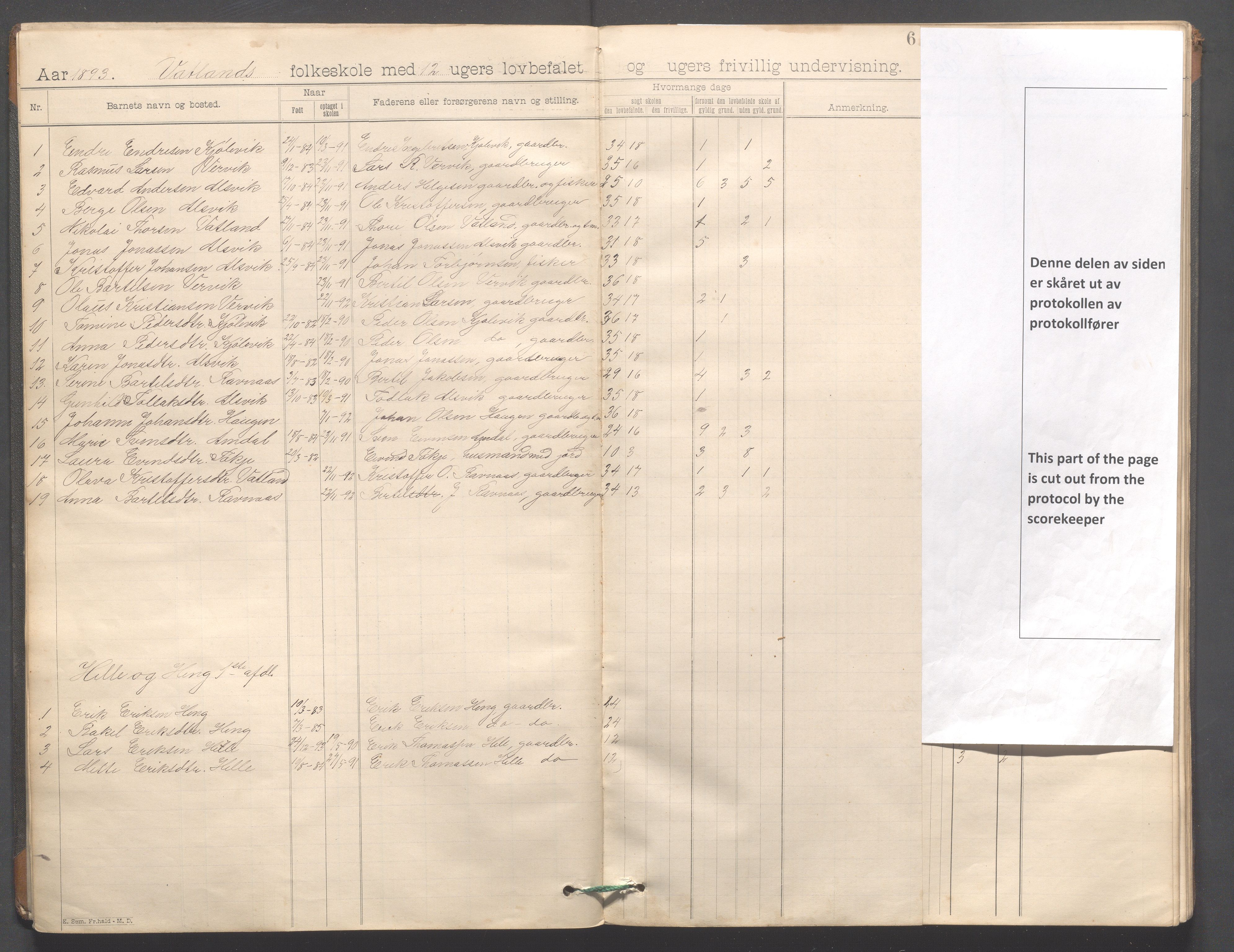 Strand kommune - Vatland skole, IKAR/A-161/H/L0001: Skoleprotokoll for Vatland, Helle, Heng , 1892-1901, p. 6