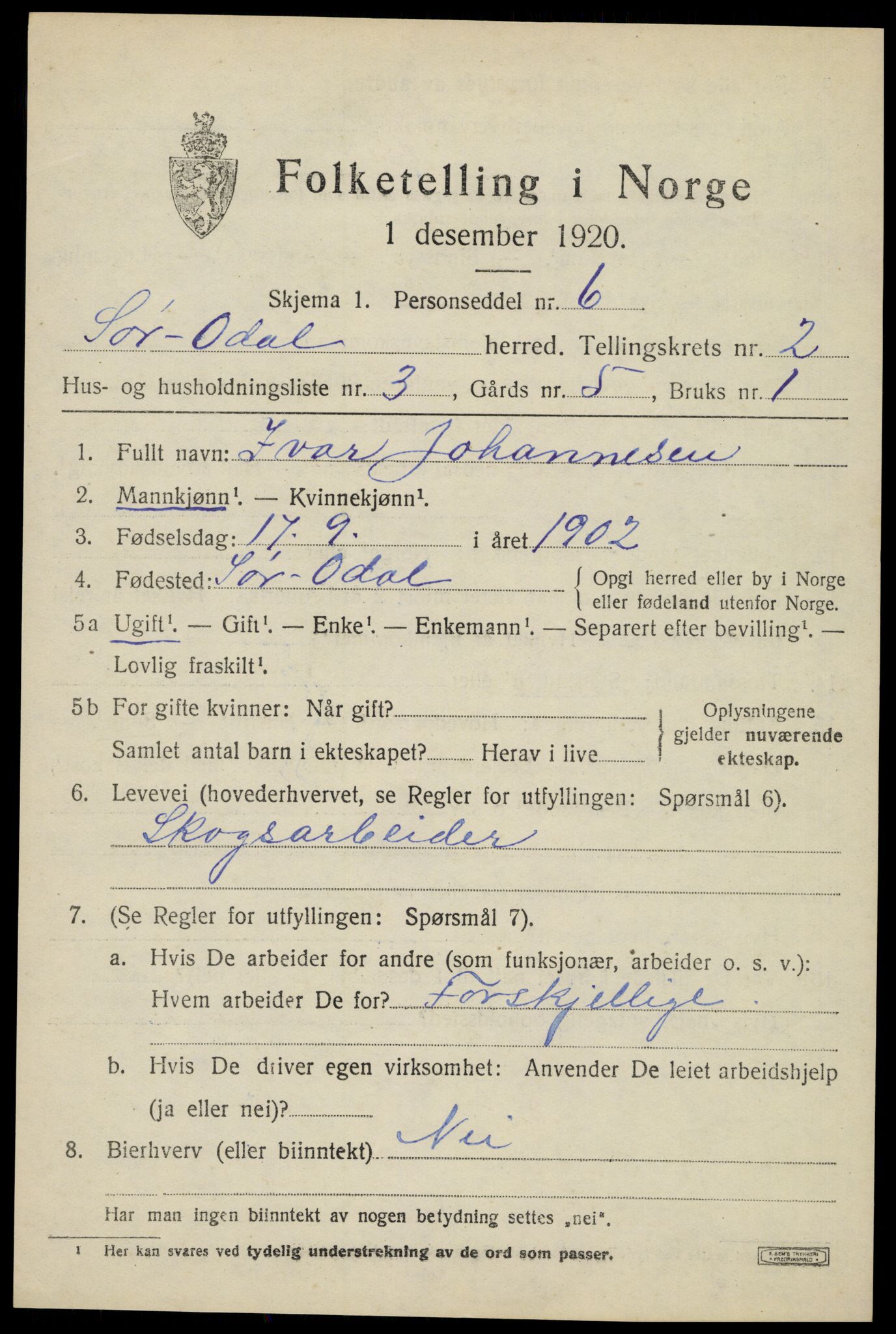 SAH, 1920 census for Sør-Odal, 1920, p. 3013