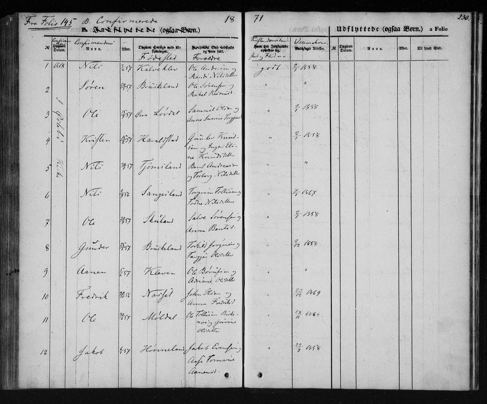 Holum sokneprestkontor, AV/SAK-1111-0022/F/Fa/Fab/L0005: Parish register (official) no. A 5, 1847-1874, p. 230