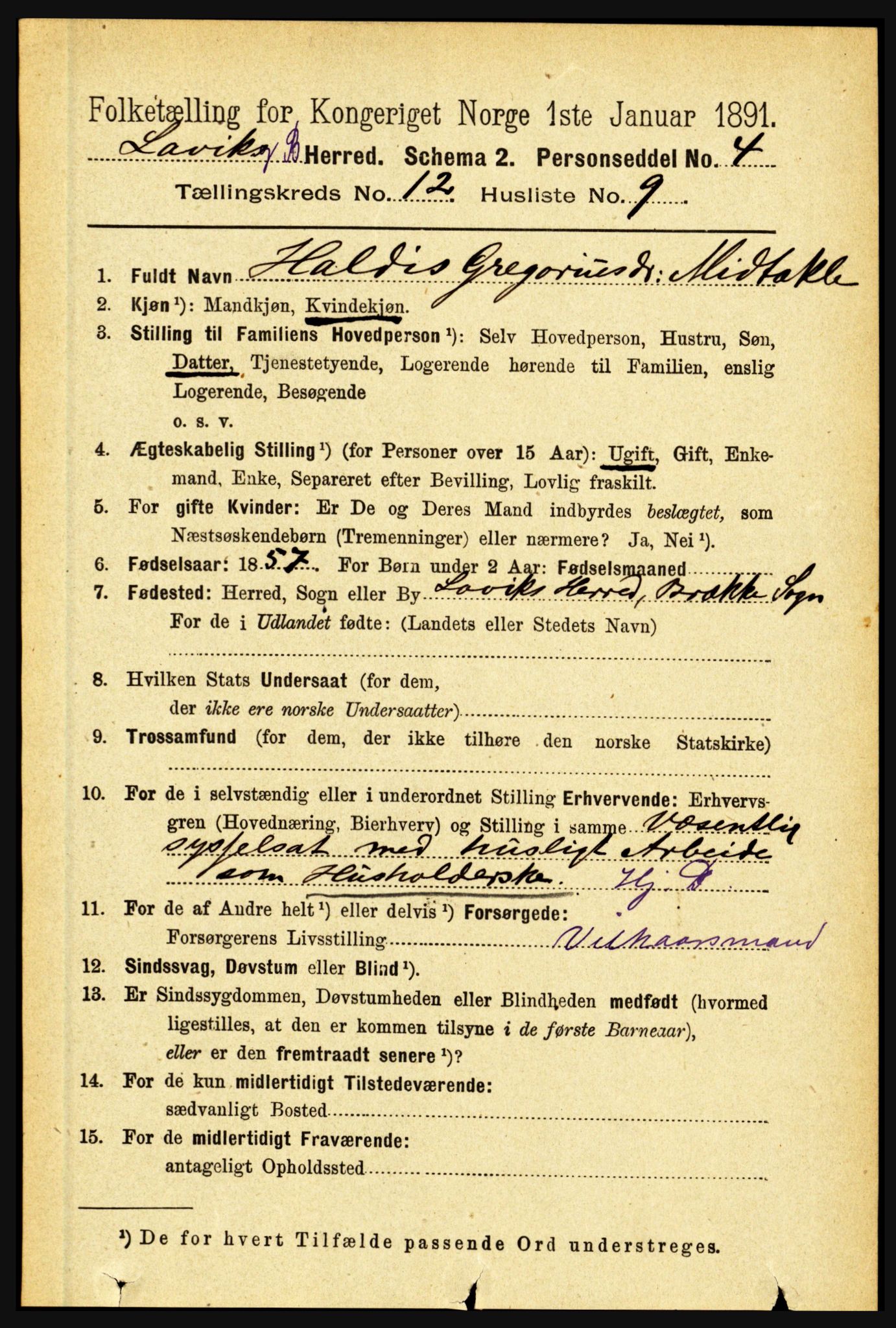 RA, 1891 census for 1415 Lavik og Brekke, 1891, p. 2412