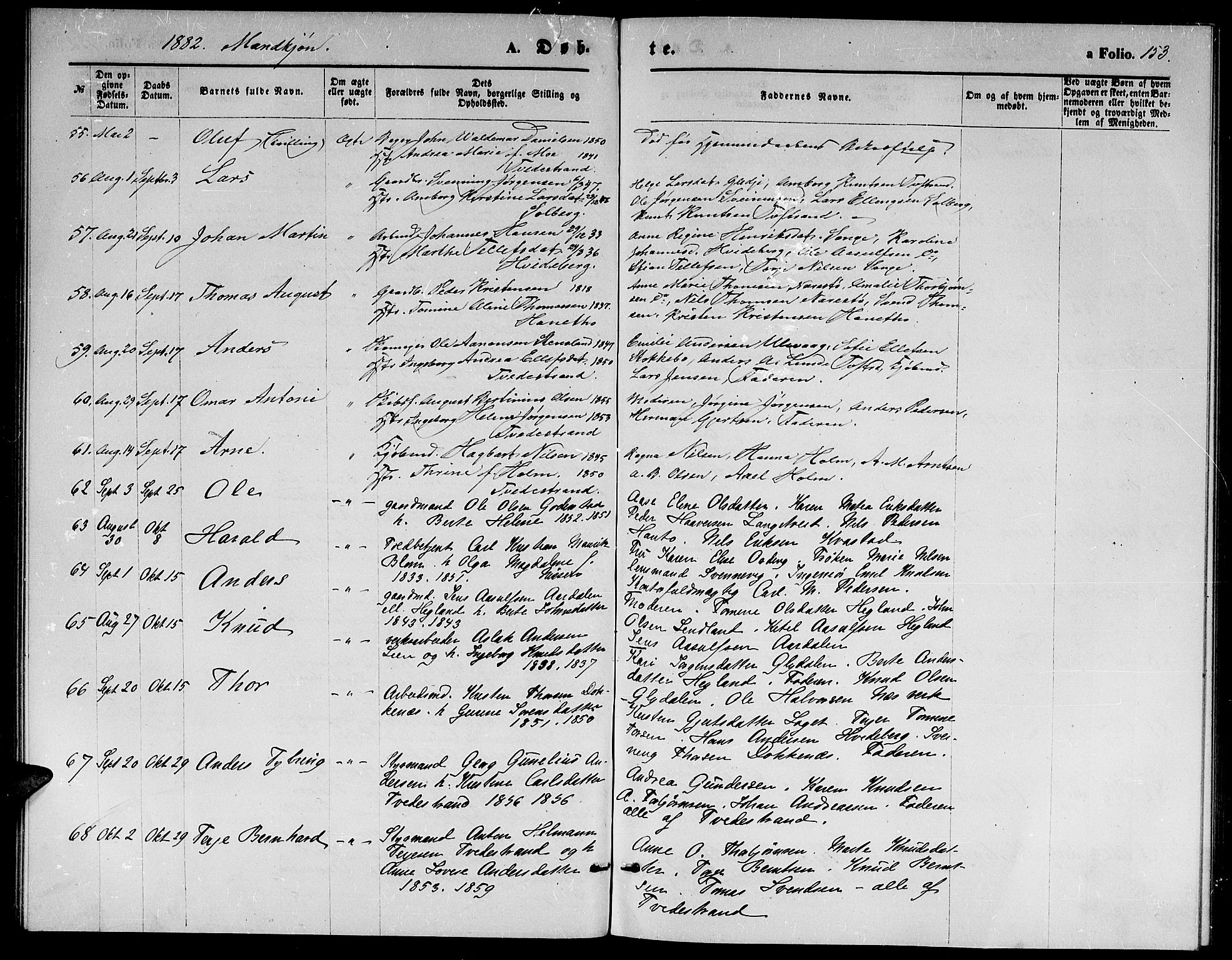 Holt sokneprestkontor, AV/SAK-1111-0021/F/Fb/L0009: Parish register (copy) no. B 9, 1871-1883, p. 153
