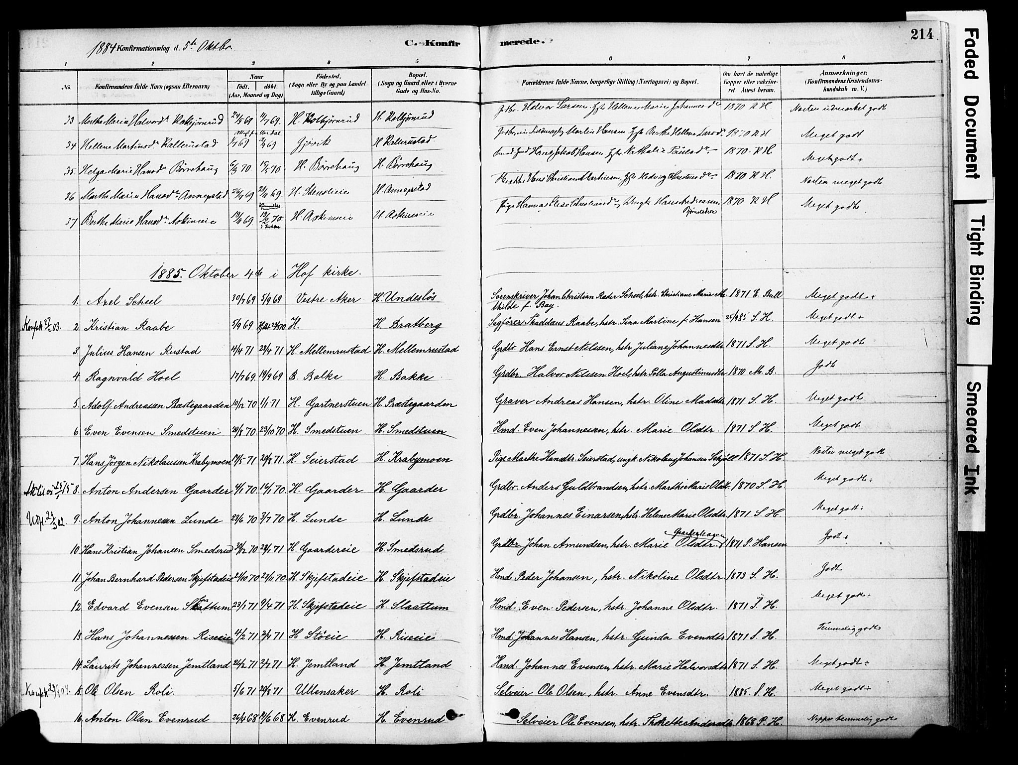 Østre Toten prestekontor, SAH/PREST-104/H/Ha/Haa/L0006: Parish register (official) no. 6 /1, 1878-1896, p. 214