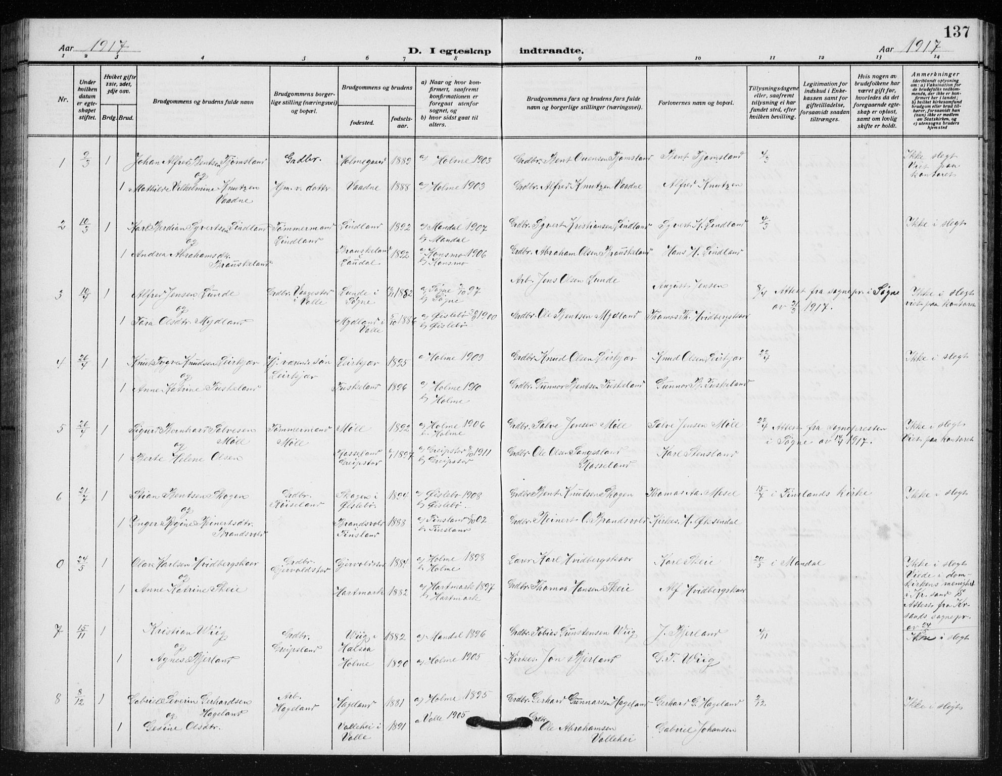 Holum sokneprestkontor, SAK/1111-0022/F/Fb/Fba/L0006: Parish register (copy) no. B 6, 1910-1936, p. 137