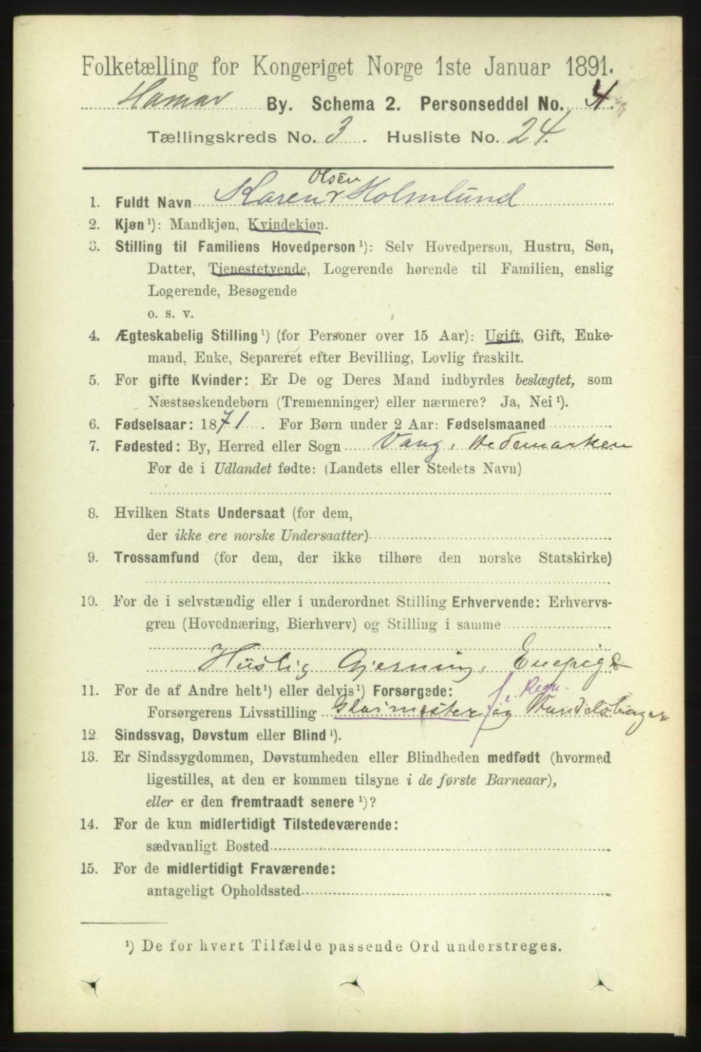 RA, 1891 census for 0401 Hamar, 1891, p. 2236