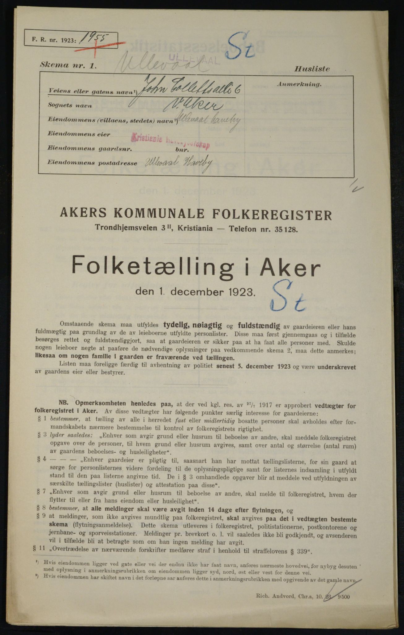 , Municipal Census 1923 for Aker, 1923, p. 20704