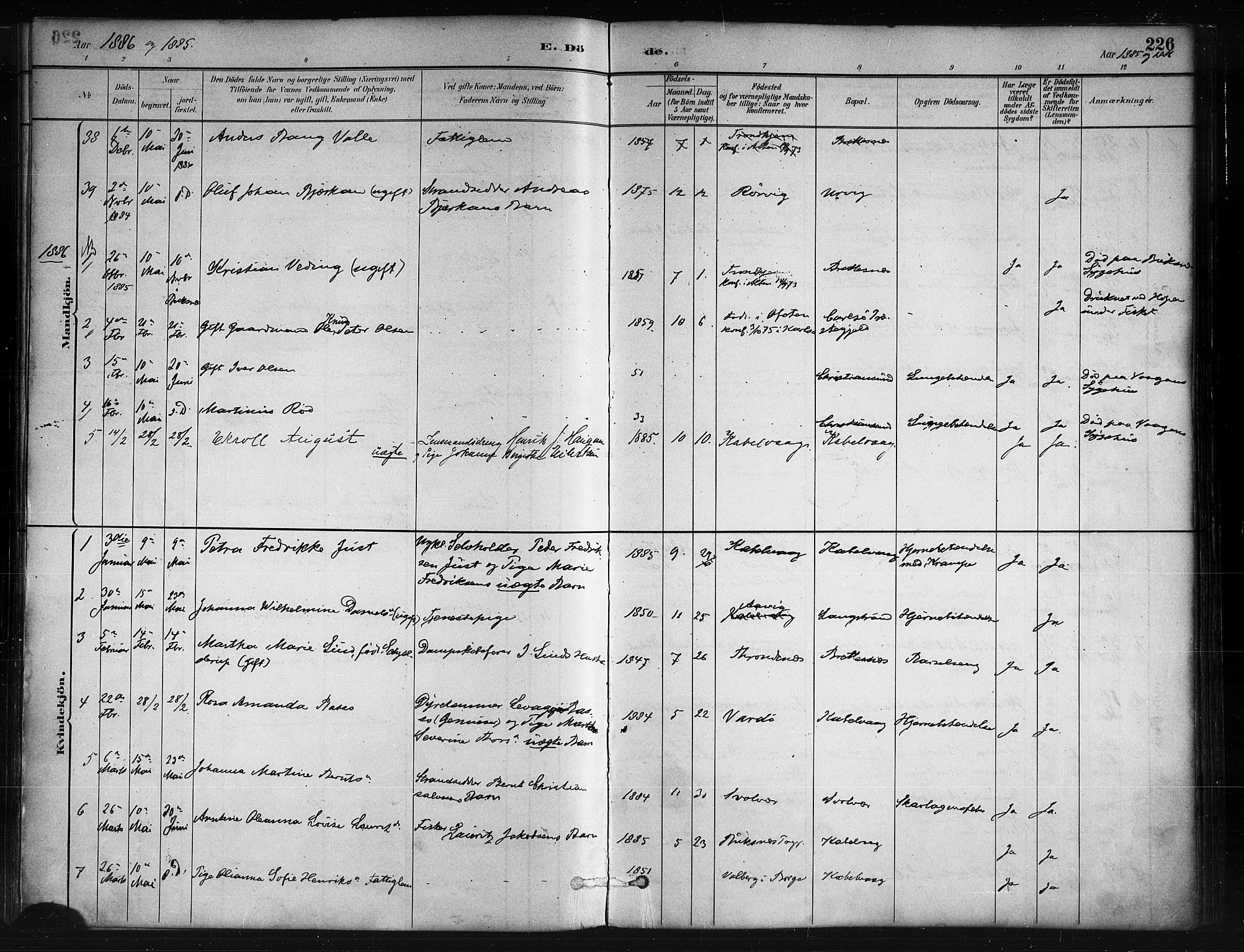 Ministerialprotokoller, klokkerbøker og fødselsregistre - Nordland, AV/SAT-A-1459/874/L1059: Parish register (official) no. 874A03, 1884-1890, p. 226