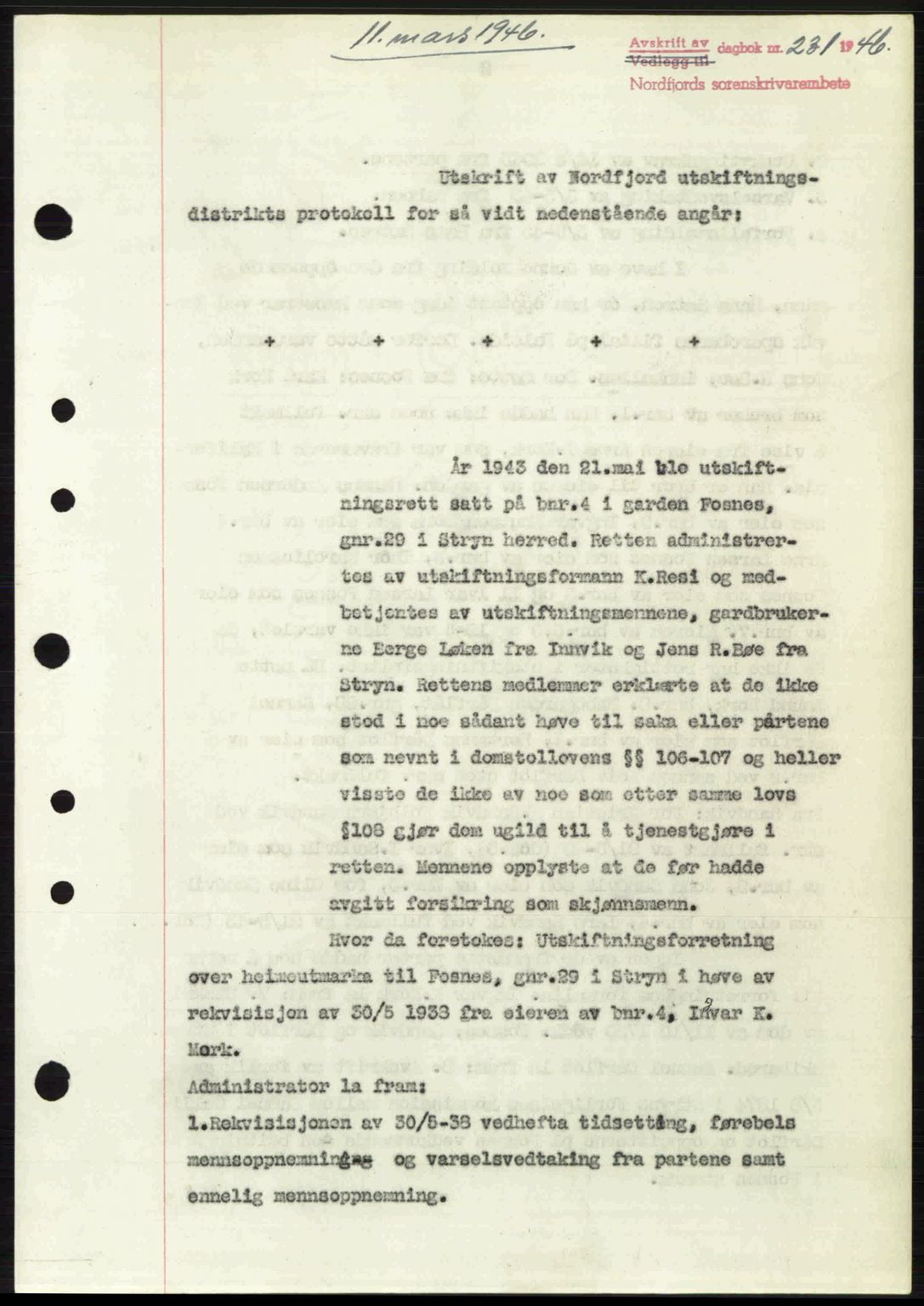 Nordfjord sorenskriveri, AV/SAB-A-2801/02/02b/02bj/L0010b: Mortgage book no. A10b, 1946-1946, Diary no: : 231/1946