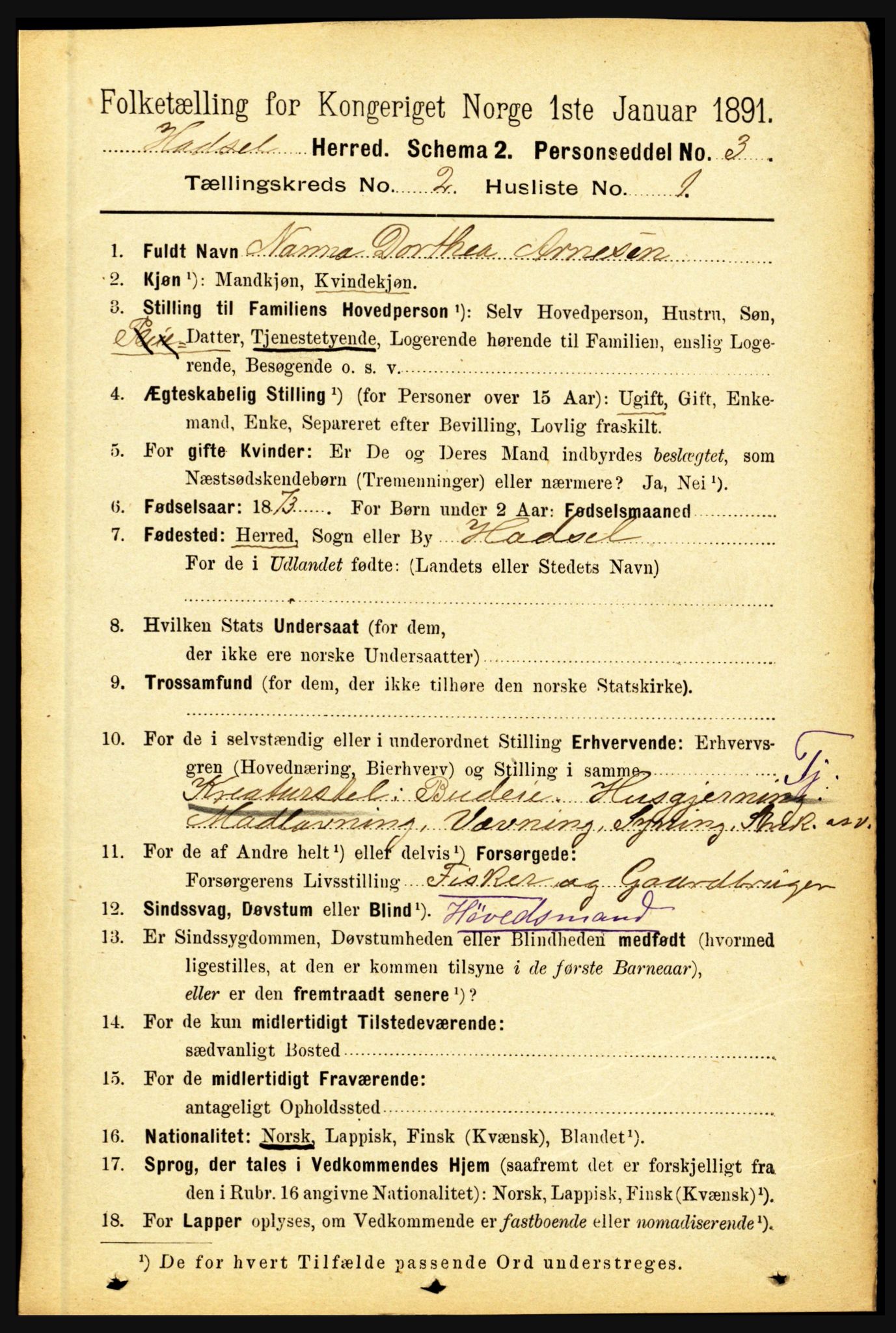 RA, 1891 census for 1866 Hadsel, 1891, p. 657