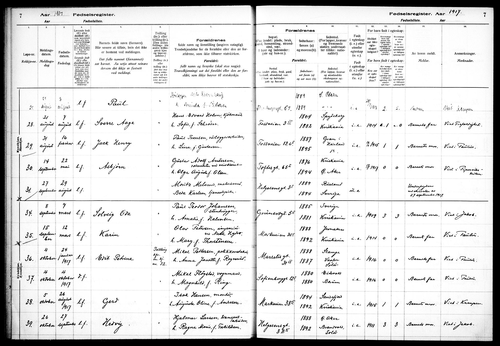 Hauge prestekontor Kirkebøker, AV/SAO-A-10849/J/Ja/L0001: Birth register no. 1, 1917-1938, p. 7